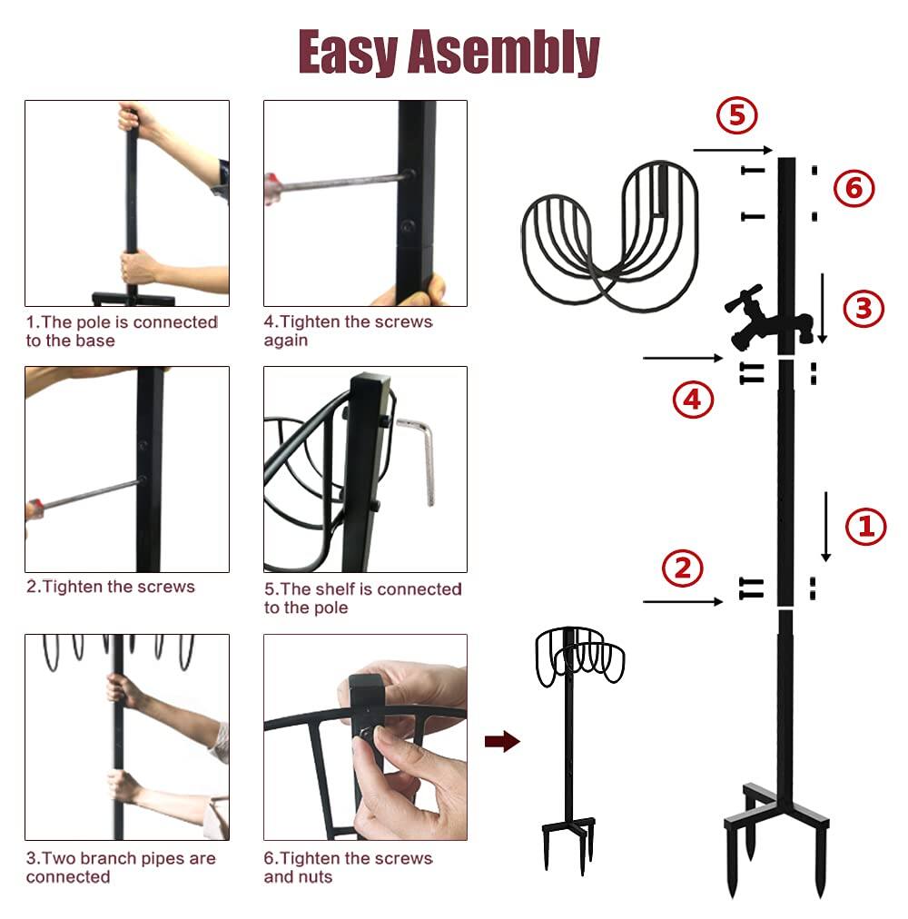 Easy Assembly

1. The pole is connected to the base
2. Tighten the screws
3. Two branch pipes are connected
4. Tighten the screws again
5. The shelf is connected to the pole
6. Tighten the screws and nuts
