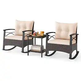 Gymax - Set of 3 Rattan Rocking Chair Set w/Acacia Wood Tabletop Armrests for Porch Balcony - Beige