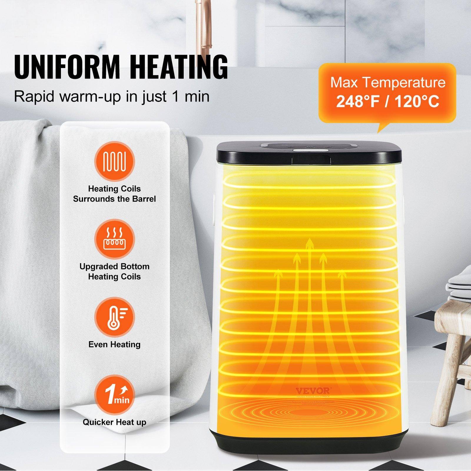 UNIFORM HEATING  
Rapid warm-up in just 1 min  

Max Temperature 248°F / 120°C  

- Heating Coils Surrounds the Barrel  
- Upgraded Bottom Heating Coils  
- Even Heating  
- Quicker Heat up