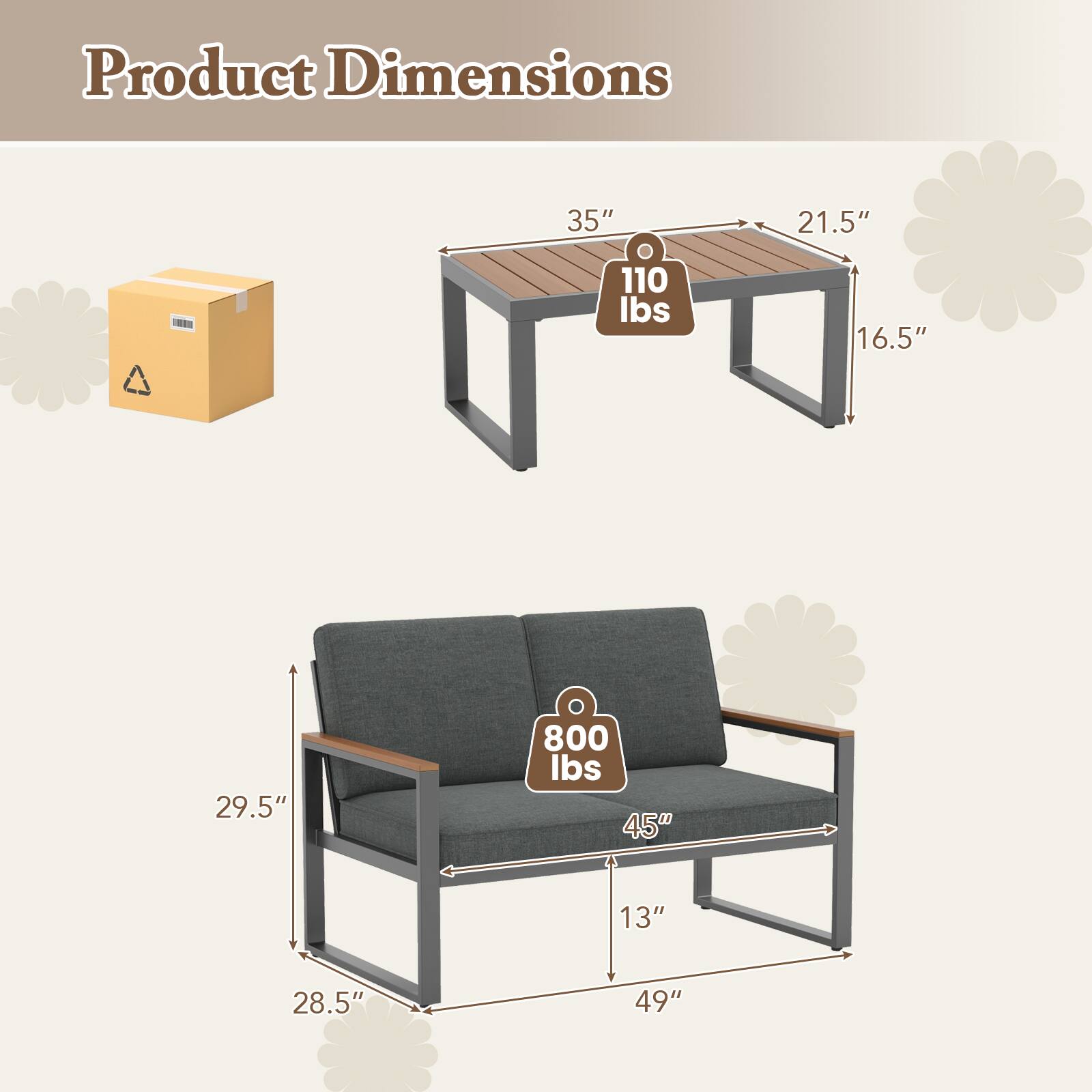 Product Dimensions: 35", 21.5", 110 lbs, 16.5", 29.5", 800 lbs, 45", 13", 28.5", 49"