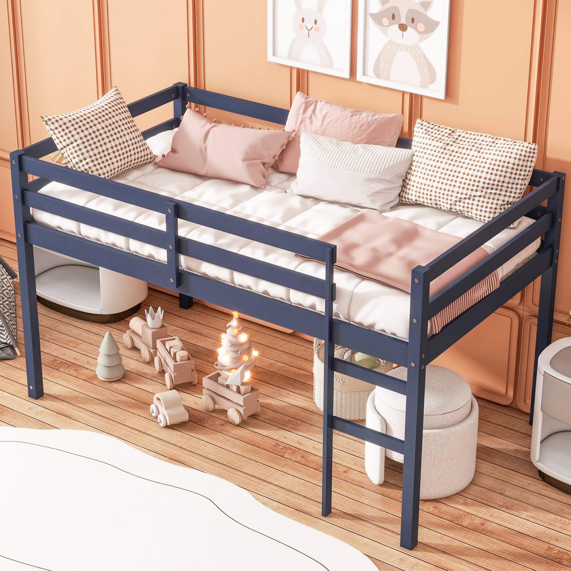 Alt View 4. GOODSILO - Solid Wood Twin Loft Bed with Ladder and Strengthened Slats for Enhanced Stability and Space Optimization - Blue.