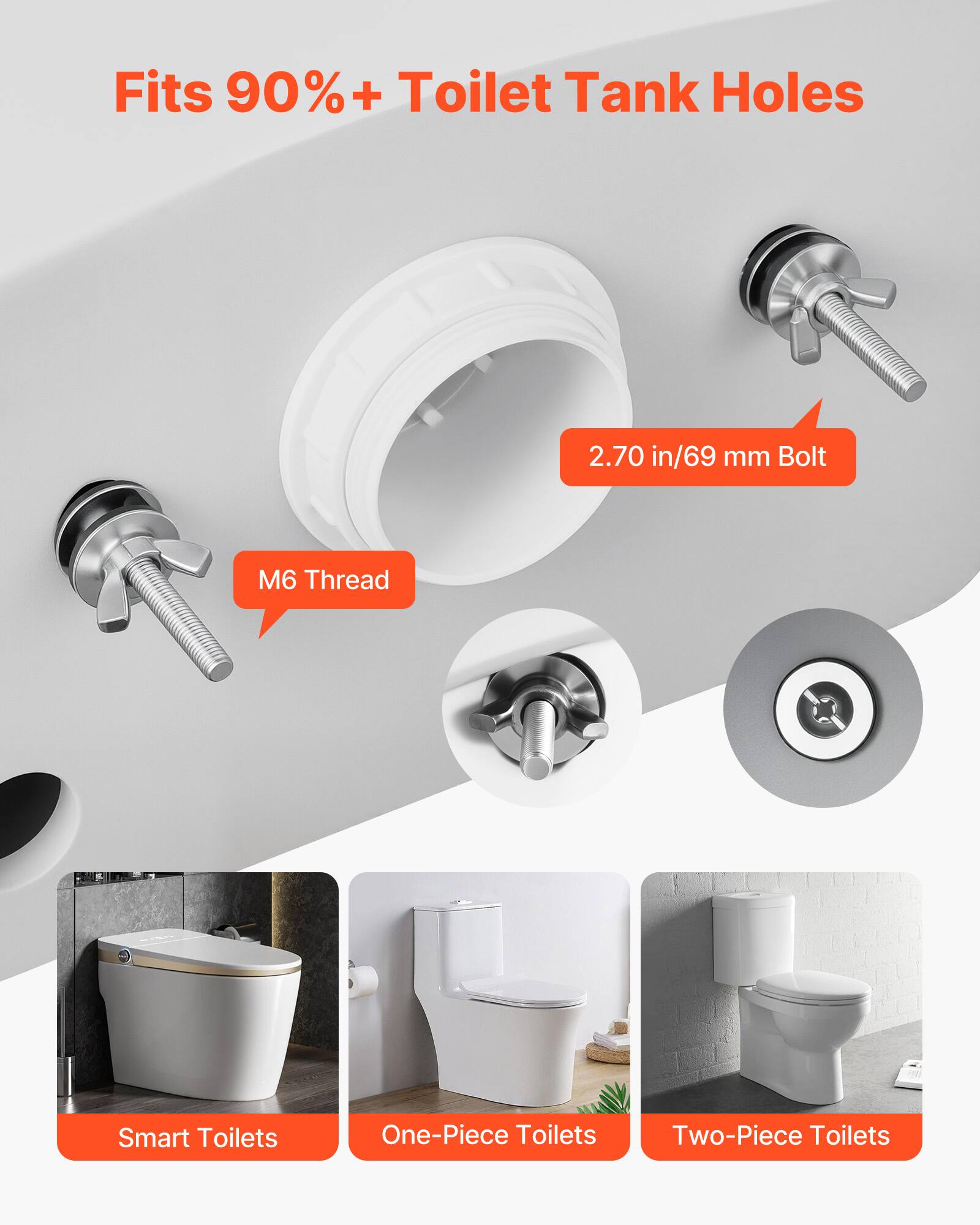 Fits 90%+ Toilet Tank Holes

- 2.70 in/69 mm Bolt
- M6 Thread

Smart Toilets
One-Piece Toilets
Two-Piece Toilets