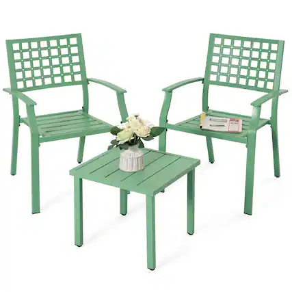 Front. Nuu Garden - 3-Piece Metal Patio Bistro Set with Stackable Chairs and Square Side Table - Green.
