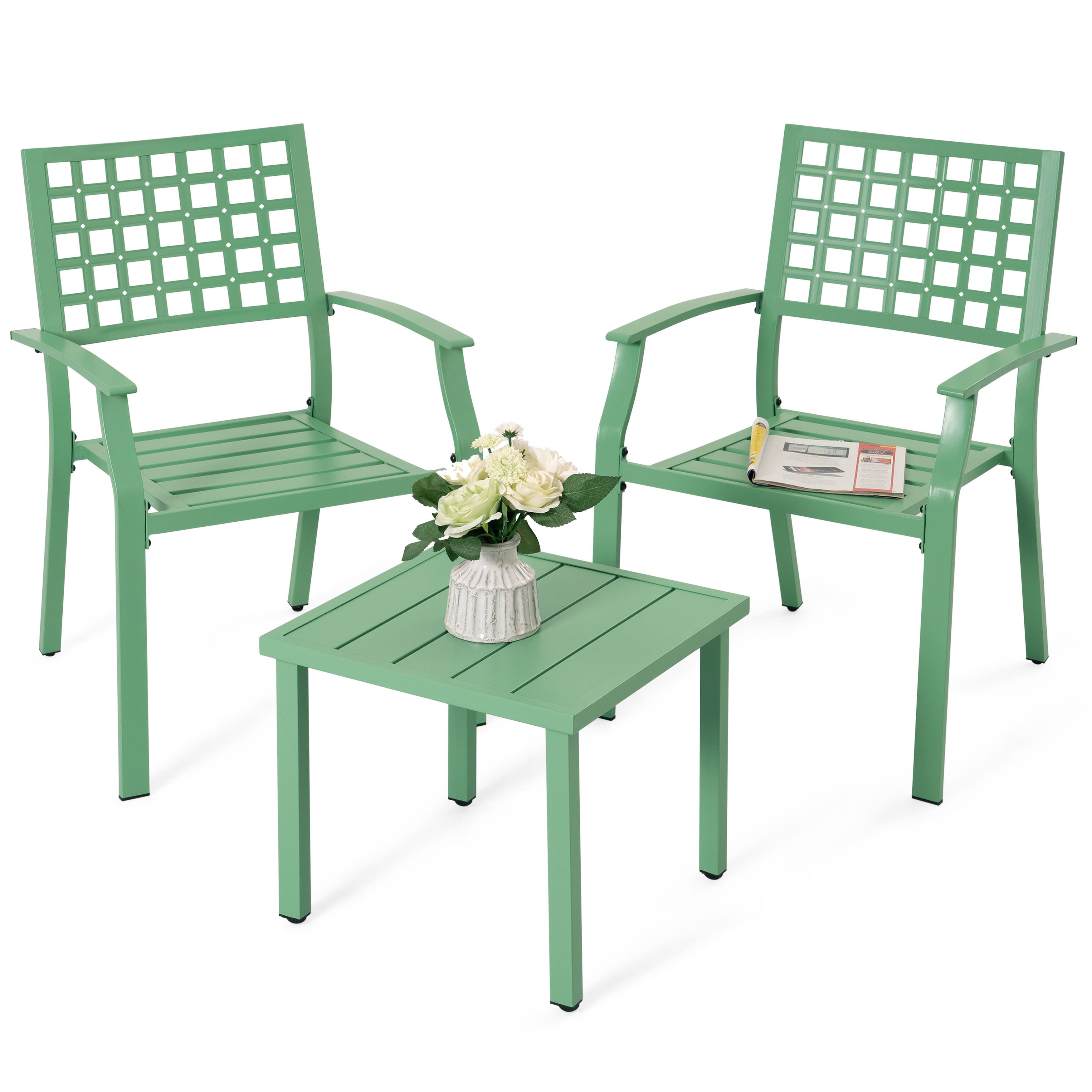 Front. Nuu Garden - 3-Piece Metal Patio Bistro Set with Stackable Chairs and Square Side Table - Green.