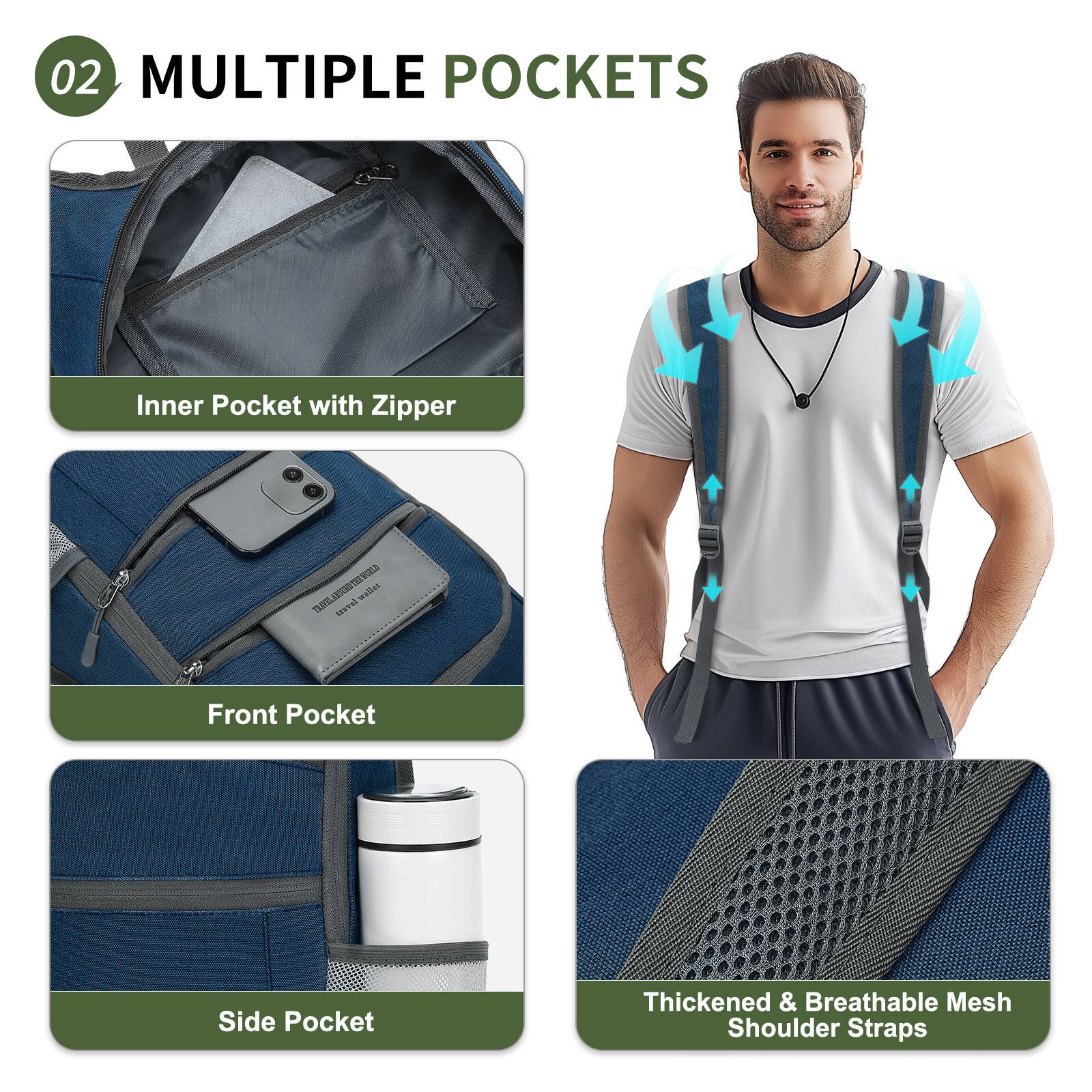 02 MULTIPLE POCKETS

- Inner Pocket with Zipper
- Front Pocket
- Side Pocket
- Thickened & Breathable Mesh Shoulder Straps