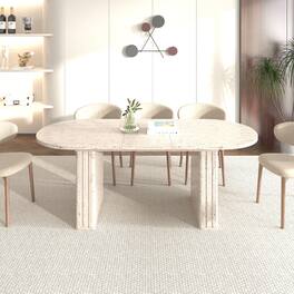 Loheer - Extendable Oval Dining Table, Travertine Look, Seats Four to Eight - Beige