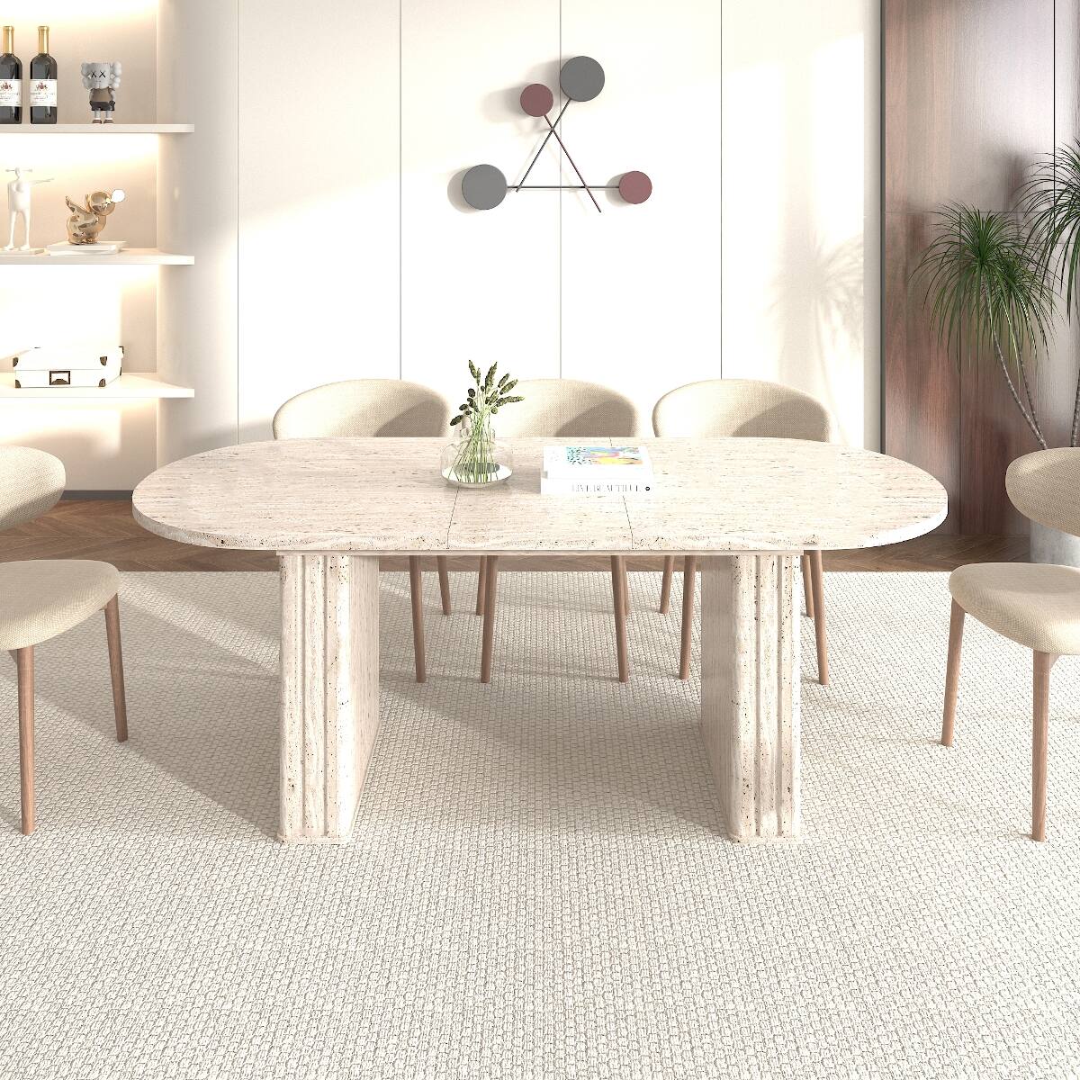 Loheer - Extendable Oval Dining Table, Travertine Look, Seats Four to Eight - Beige