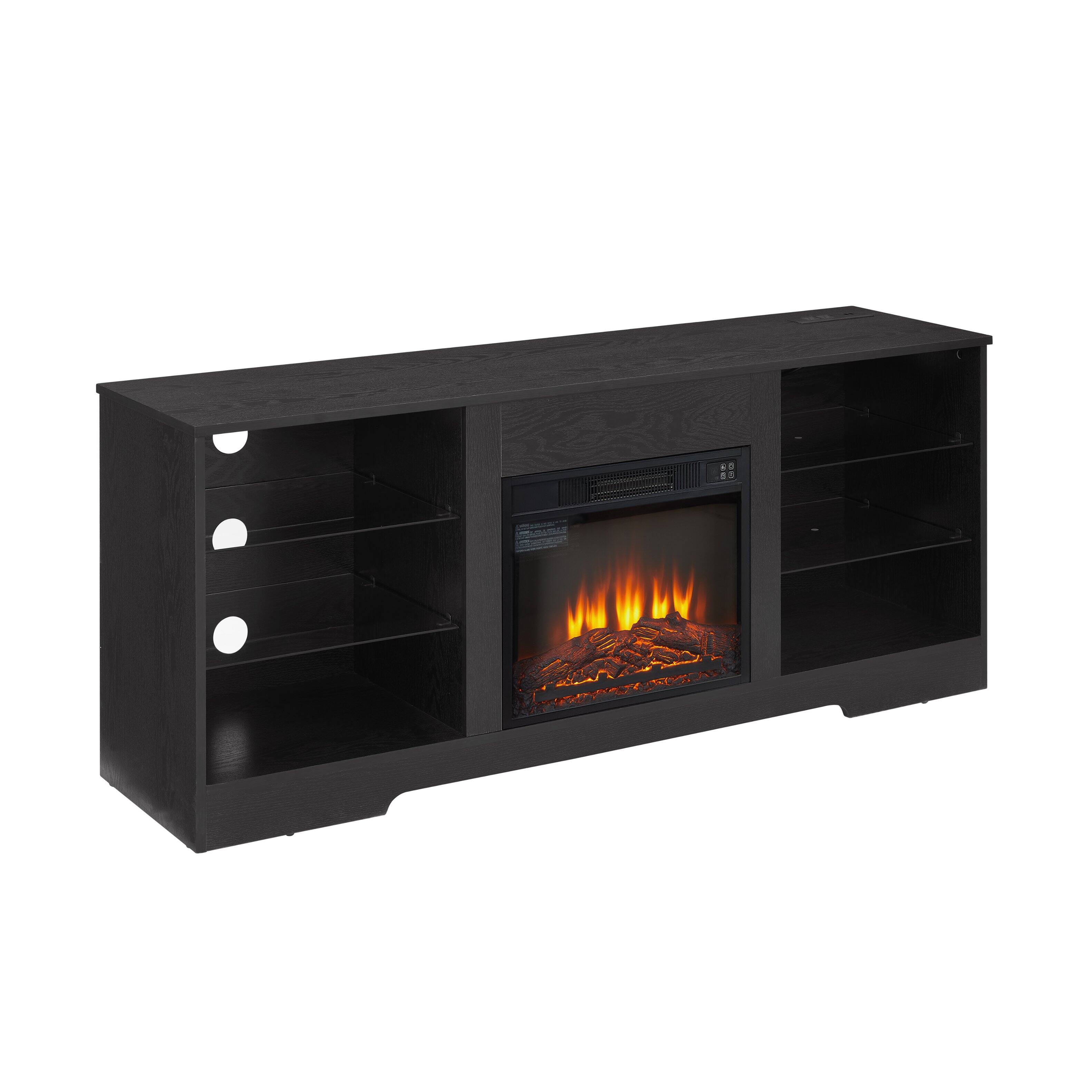 Left. Whisen - 3D Fireplace TV Stand Tabletop, LED Lights Console with USB Charging & Glass Shelves for 65" TV - Black.