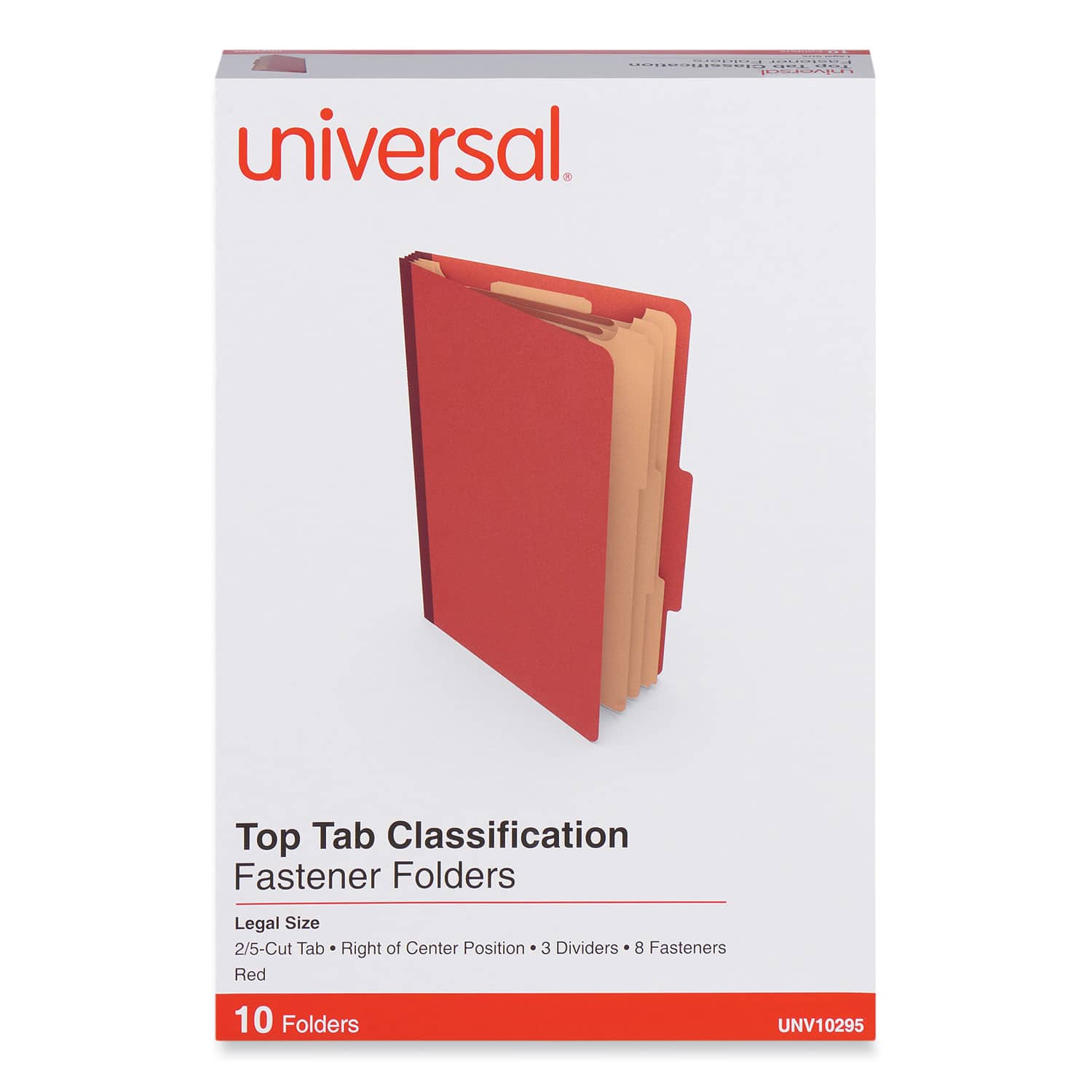 Universal - Eight-Section Pressboard Classification Folders, 3" Expansion, 3 Dividers, 8 Fasteners, Legal Size, Red Exterior, 10/Box
