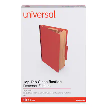 Universal
Top Tab Classification Fastener Folders
Legal Size
2/5-Cut Tab • Right of Center Position • 3 Dividers • 8 Fasteners
Red
10 Folders
UNV10295