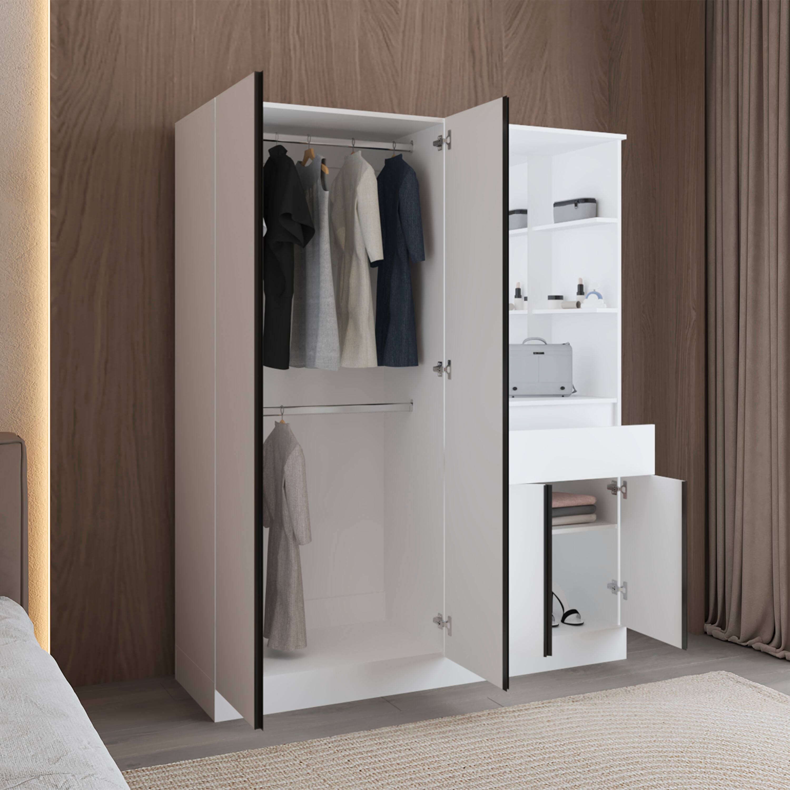Back. TuHome - Kamelot Armoire With Double Doors, Hanging Rod And Interior Shelves - White.
