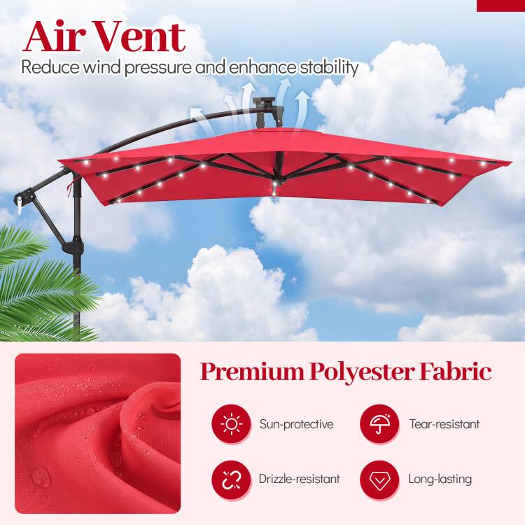 Air Vent  
Reduce wind pressure and enhance stability  

Premium Polyester Fabric  
Sun-protective  
Tear-resistant  
Drizzle-resistant  
Long-lasting