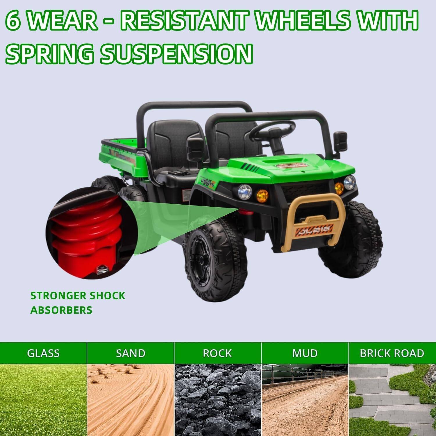 6 WEAR-RESISTANT WHEELS WITH SPRING SUSPENSION

STRONGER SHOCK ABSORBERS

GLASS | SAND | ROCK | MUD | BRICK ROAD