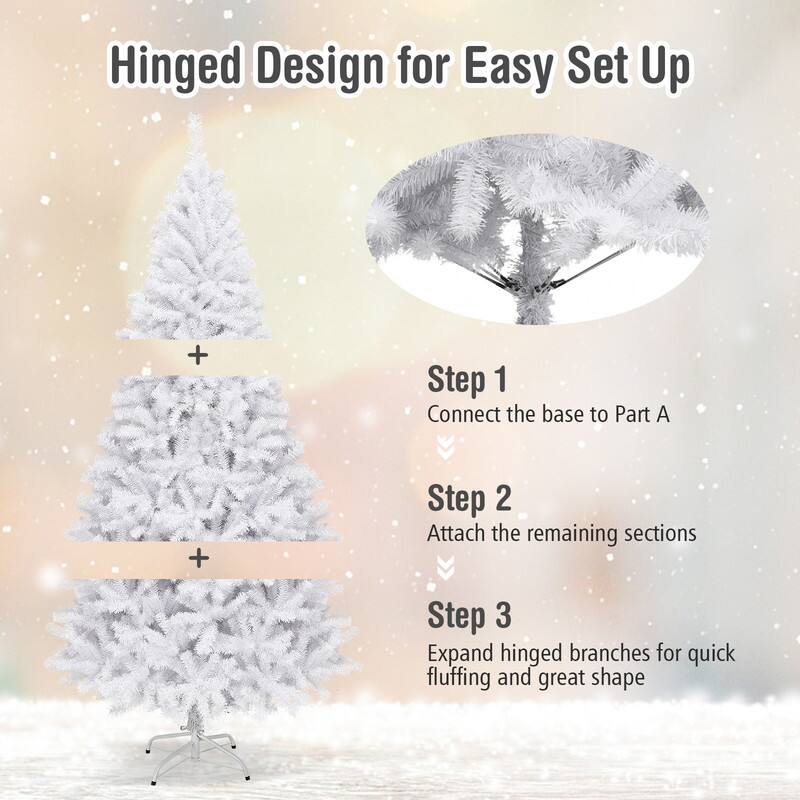 Hinged Design for Easy Set Up

Step 1: Connect the base to Part A

Step 2: Attach the remaining sections

Step 3: Expand hinged branches for quick fluffing and great shape