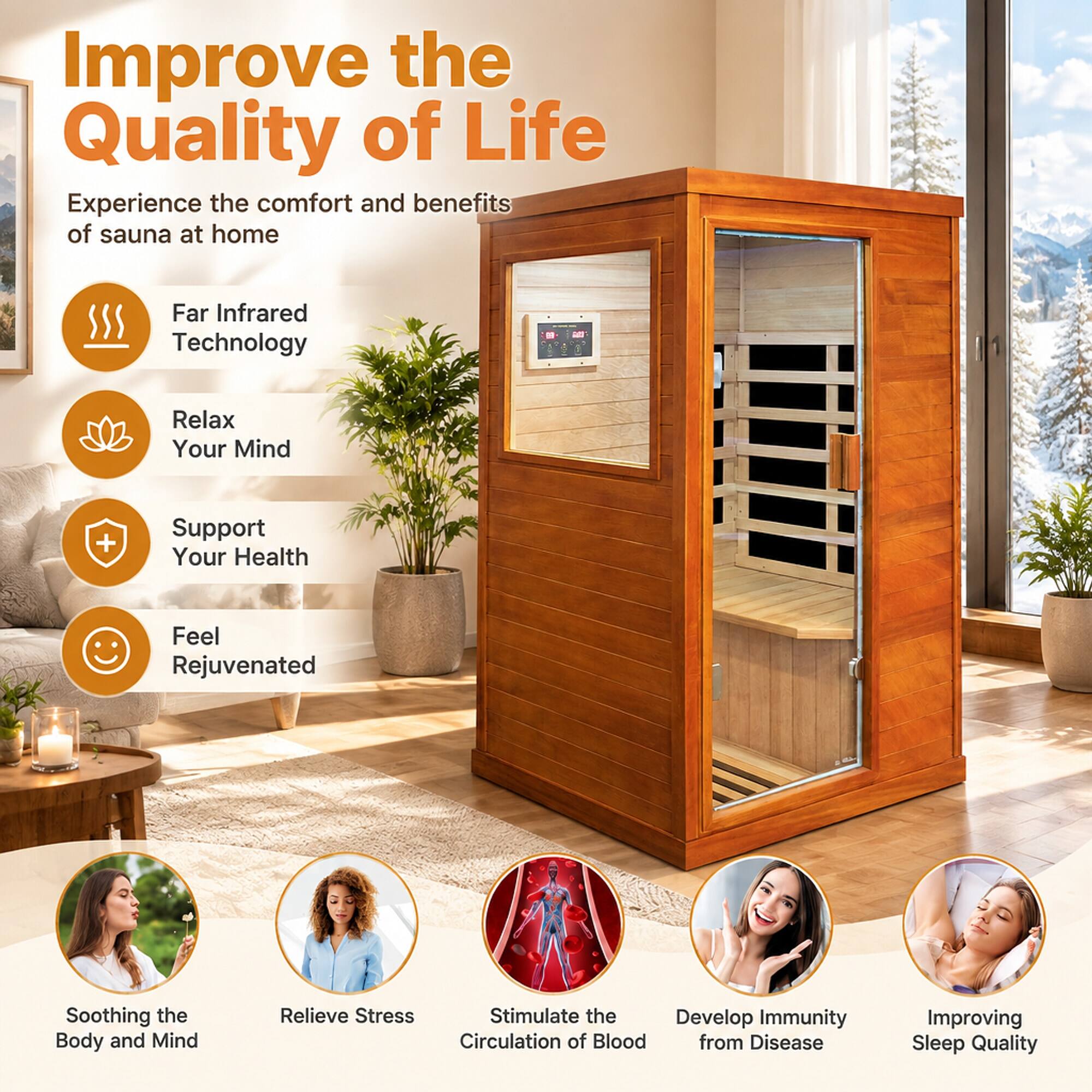 Improve the Quality of Life

Experience the comfort and benefits of sauna at home

- Far Infrared Technology
- Relax Your Mind
- Support Your Health
- Feel Rejuvenated

Soothing the Body and Mind
Relieve Stress
Stimulate the Circulation of Blood
Develop Immunity from Disease
Improving Sleep Quality