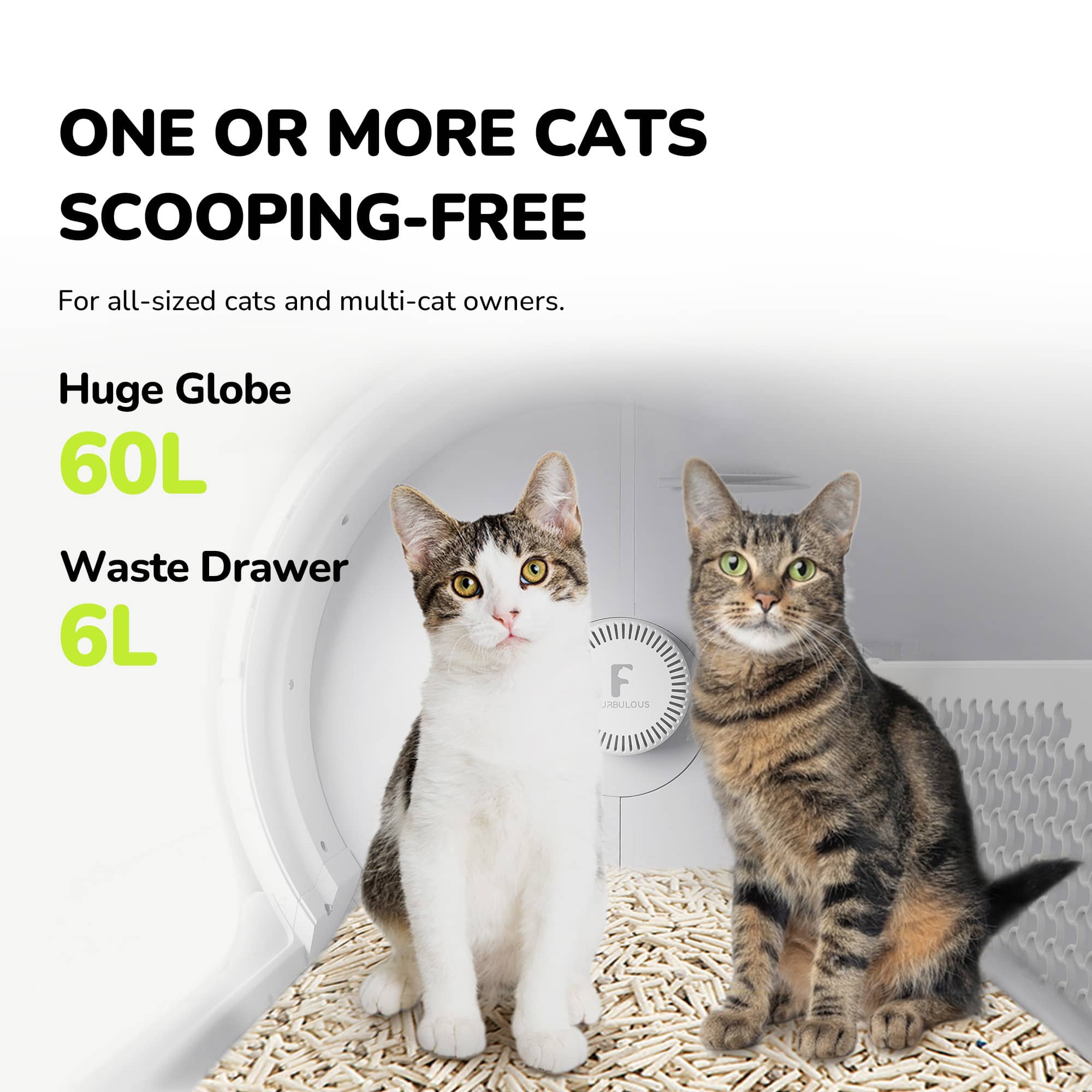 ONE OR MORE CATS SCOOPING-FREE  
For all-sized cats and multi-cat owners.  

Huge Globe  
60L  

Waste Drawer  
6L  

F JABULOUS