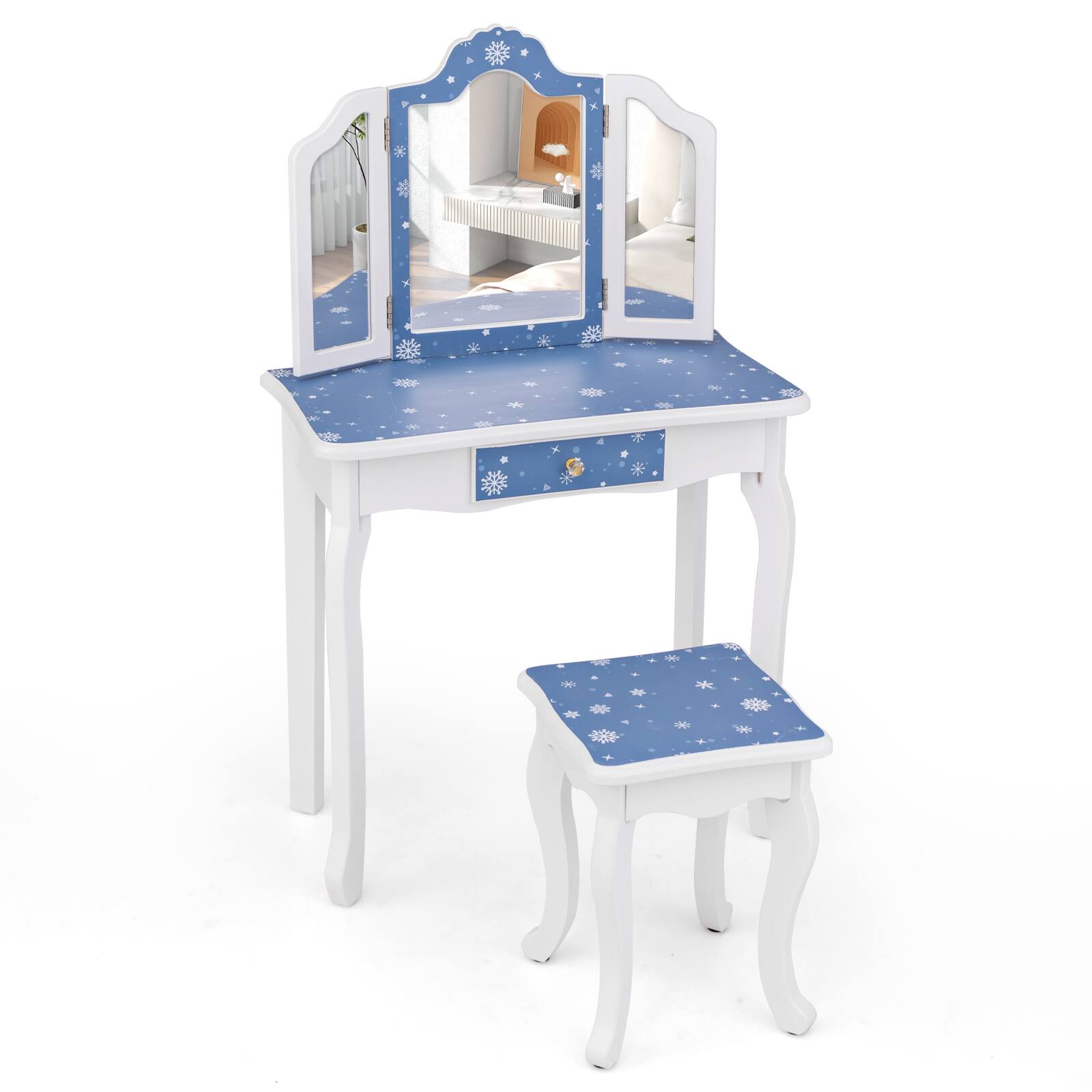 Left. SlickBlue - Princess Pretend Play Makeup Table and Stool Set with Tri-Fold Mirror - Blue.
