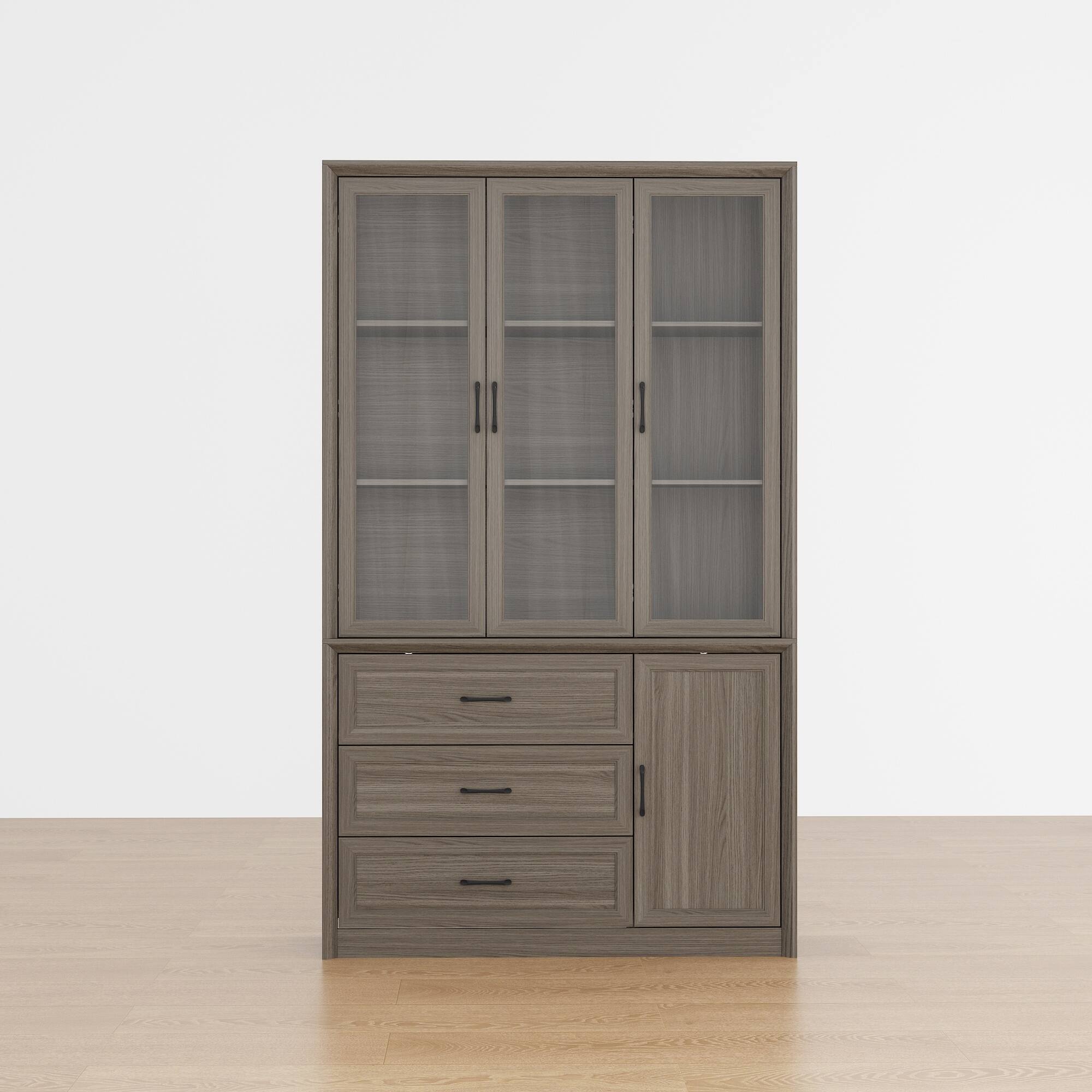 Alt View 7. FUFU & GAGA - Modern Grey Curio Cabinet with Glass Doors & Drawers, Dining Room Sideboard for Wine Glasses Storage, Anti-Tip - Gray.
