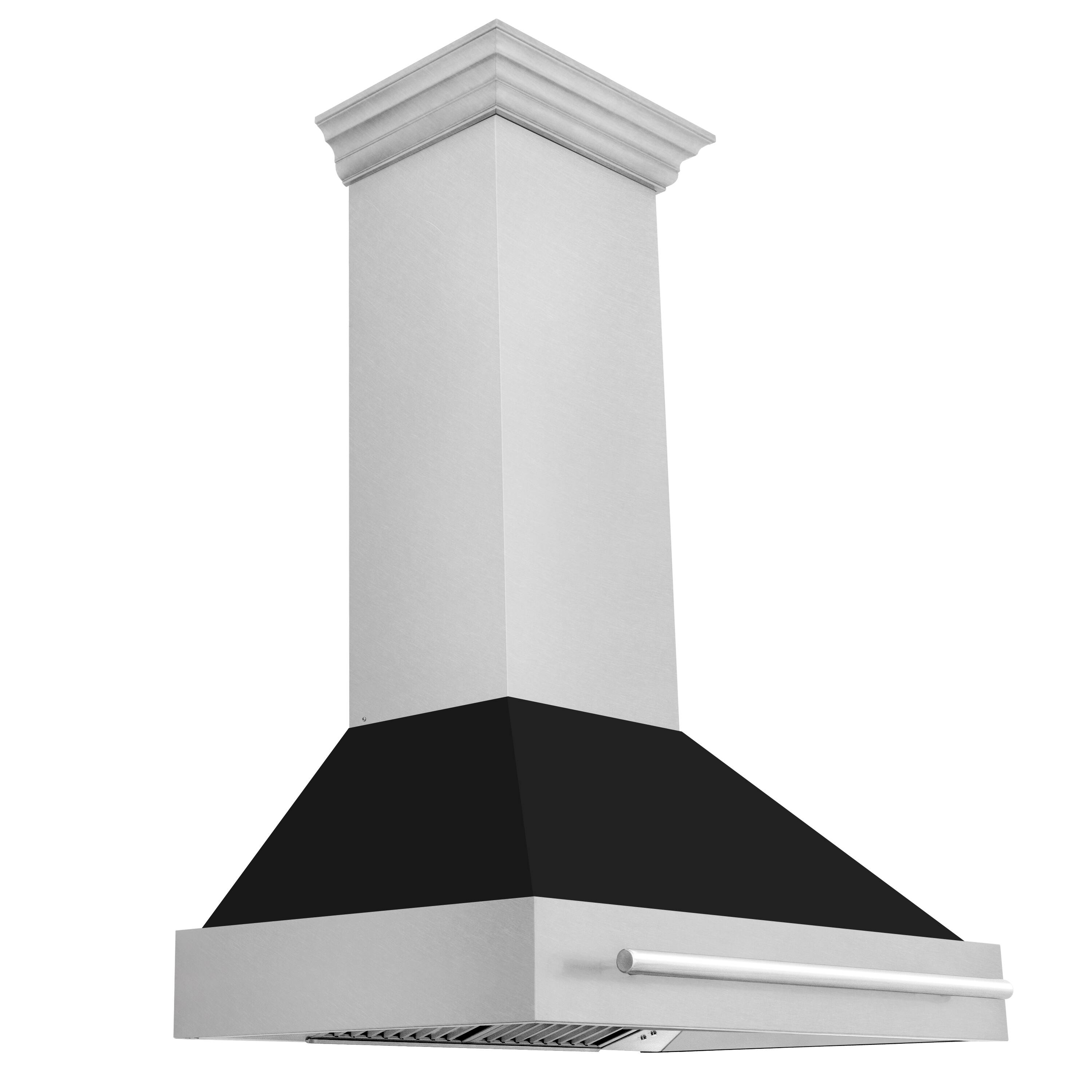 Left. ZLINE - ZLINE 30 in. Ducted Satin Stainless Steel Wall Mount Range Hood with Black Matte Shell - Silver/Black Matte Shell.