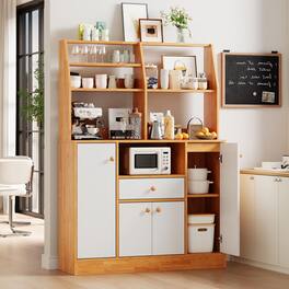 Qeetex - Wooden Sideboard Buffet Cabinet with Storage, Adjustable Shelves, Drawers & Coffee Bar Station - Brown+white