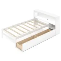 Costway Twin Size Bed Frame with LED Light & Power Outlet Bookcase Headboard Drawers - White - Front_Zoom