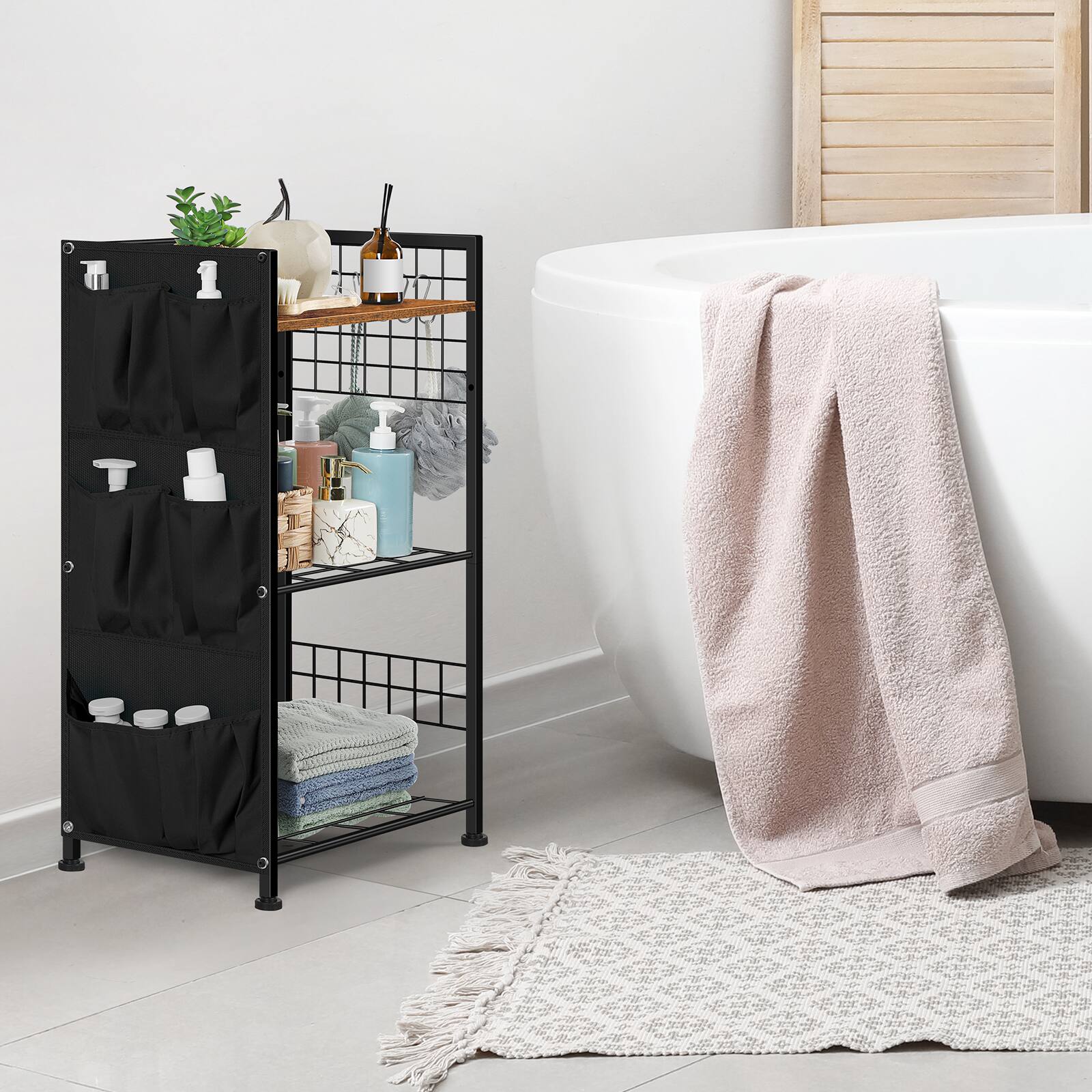 Alt View 2. Oumilen - 3-Tier Bathroom Storage Shelf with Fabric Side Pockets, Rustic Wood Top - Brown.