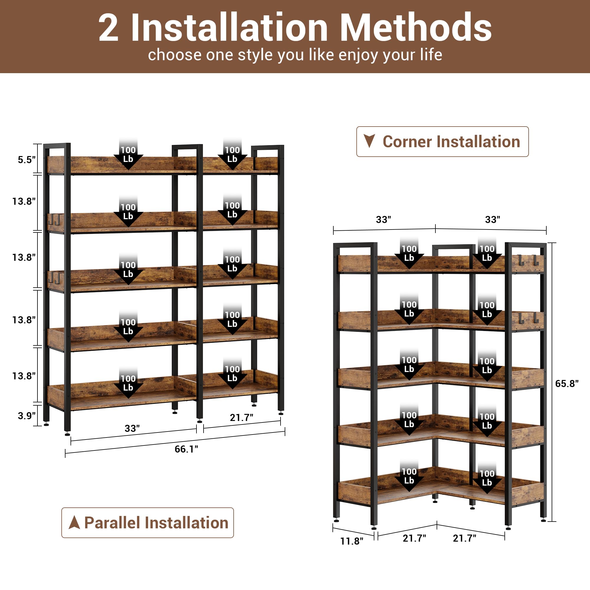2 Installation Methods  
choose one style you like enjoy your life  

Corner Installation  
5.5"  
13.8"  
13.8"  
13.8"  
3.9"  
33"  
21.7"  
66.1"  

Parallel Installation  
11.8"  
21.7"  
21.7"  
65.8"