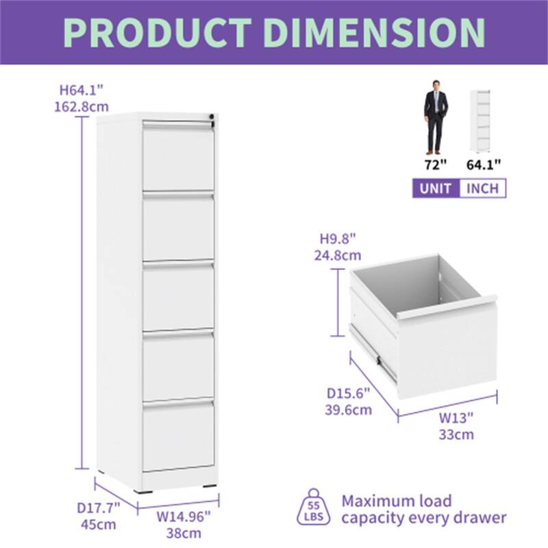 PRODUCT DIMENSION

- H64.1" 162.8cm
- W14.96" 38cm
- D17.7" 45cm

- H9.8" 24.8cm
- W13" 33cm
- D15.6" 39.6cm

Maximum load capacity every drawer: 55 LBS

UNIT: INCH
