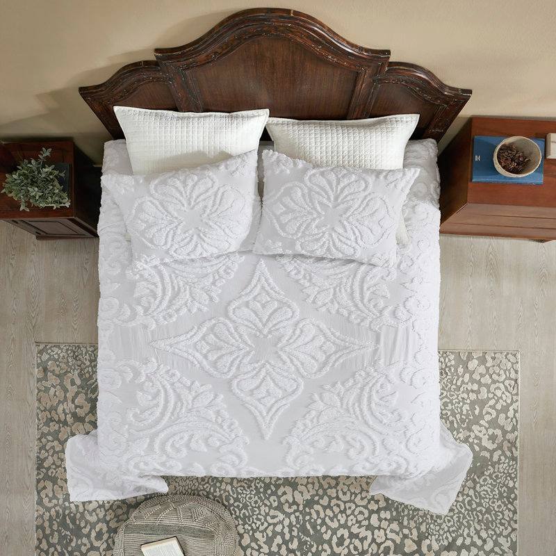 Left. SlickBlue - 100% Cotton Chenille 3 Piece Coverlet Set with Pillow Shams for Bedroom - White.