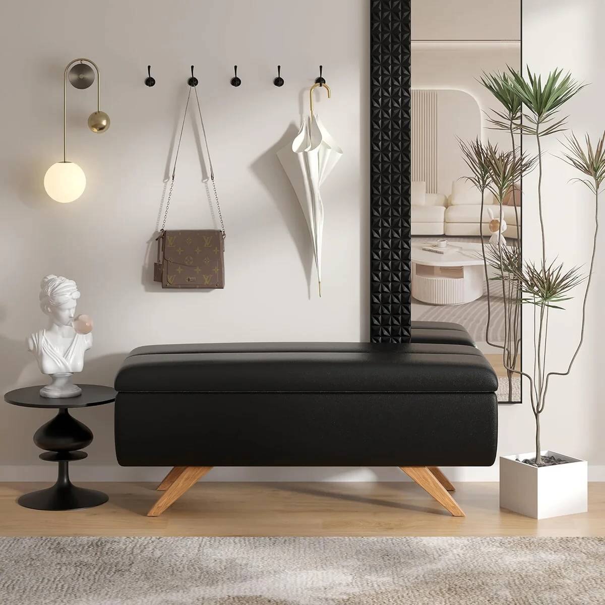 Angle. SlickBlue - Faux Leather End of Bed Storage Bench Ottoman, Mid-Century Style - Black.