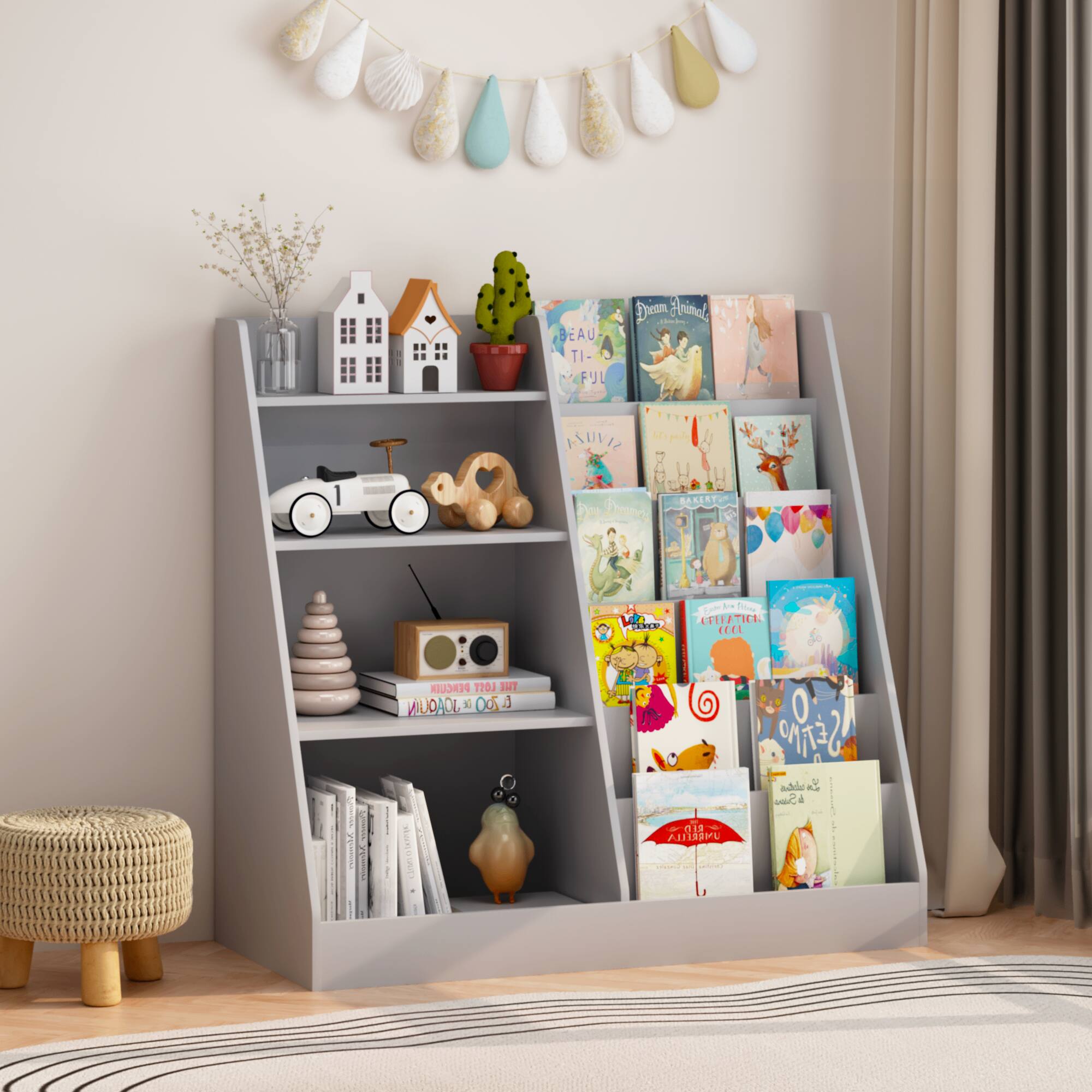 Z-Edge - Kids Bookshelf and Toy Storage Organizer, 4 Tier Wooden Kids Book Shelf with Bookcase Display Stand for Kids Room - Gray