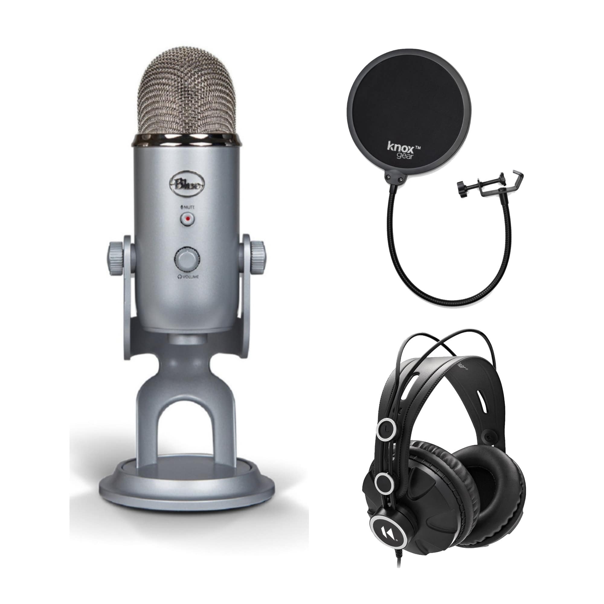 Blue Microphones - Yeti USB Microphone (Silver) with Headphones and Pop Filter