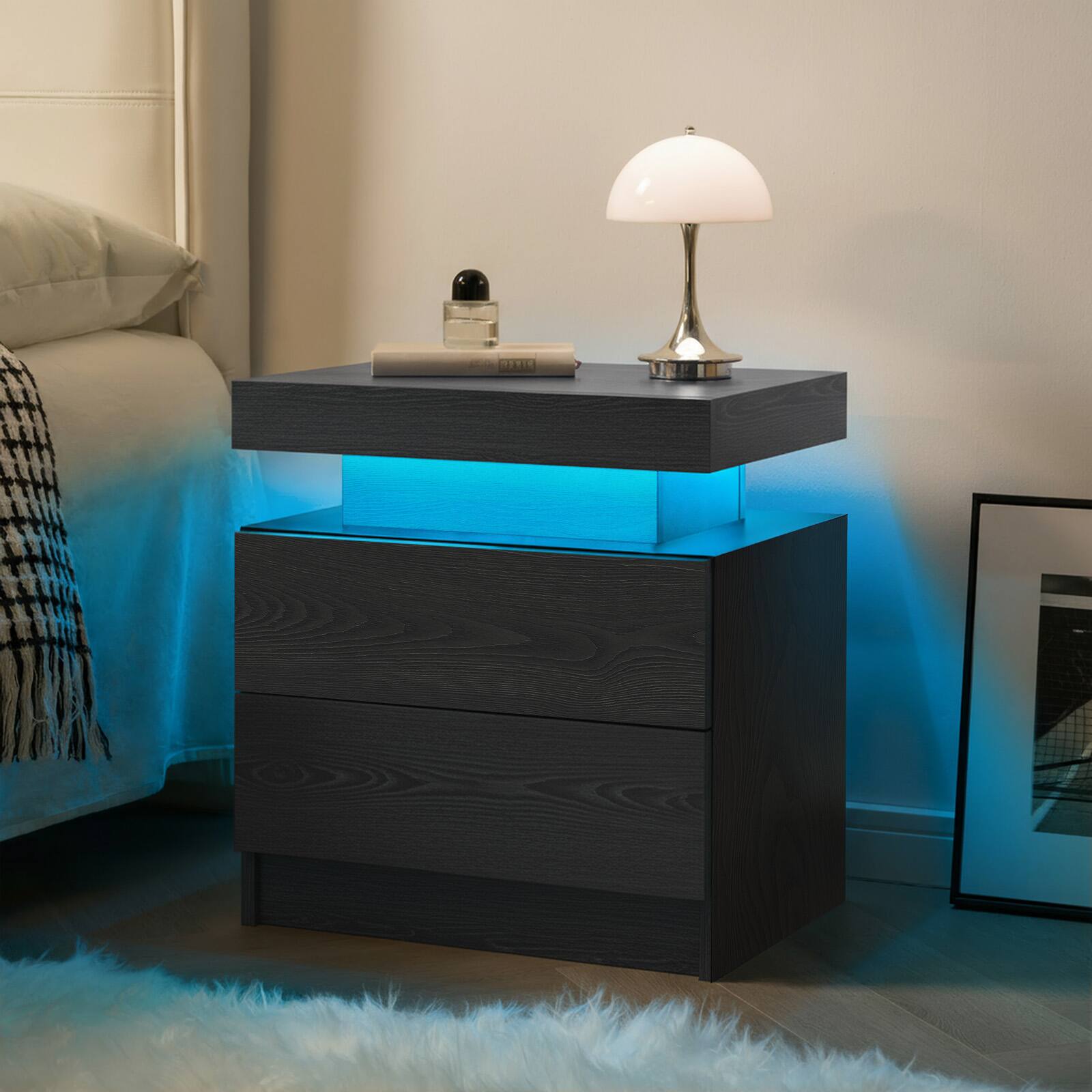 Alt View 1. Ecooso - LED Nightstand Bedside Table, Modern 2-Drawer Storage Cabinet for Bedroom, Adjustable Lighting Design - Black Woodgrain.