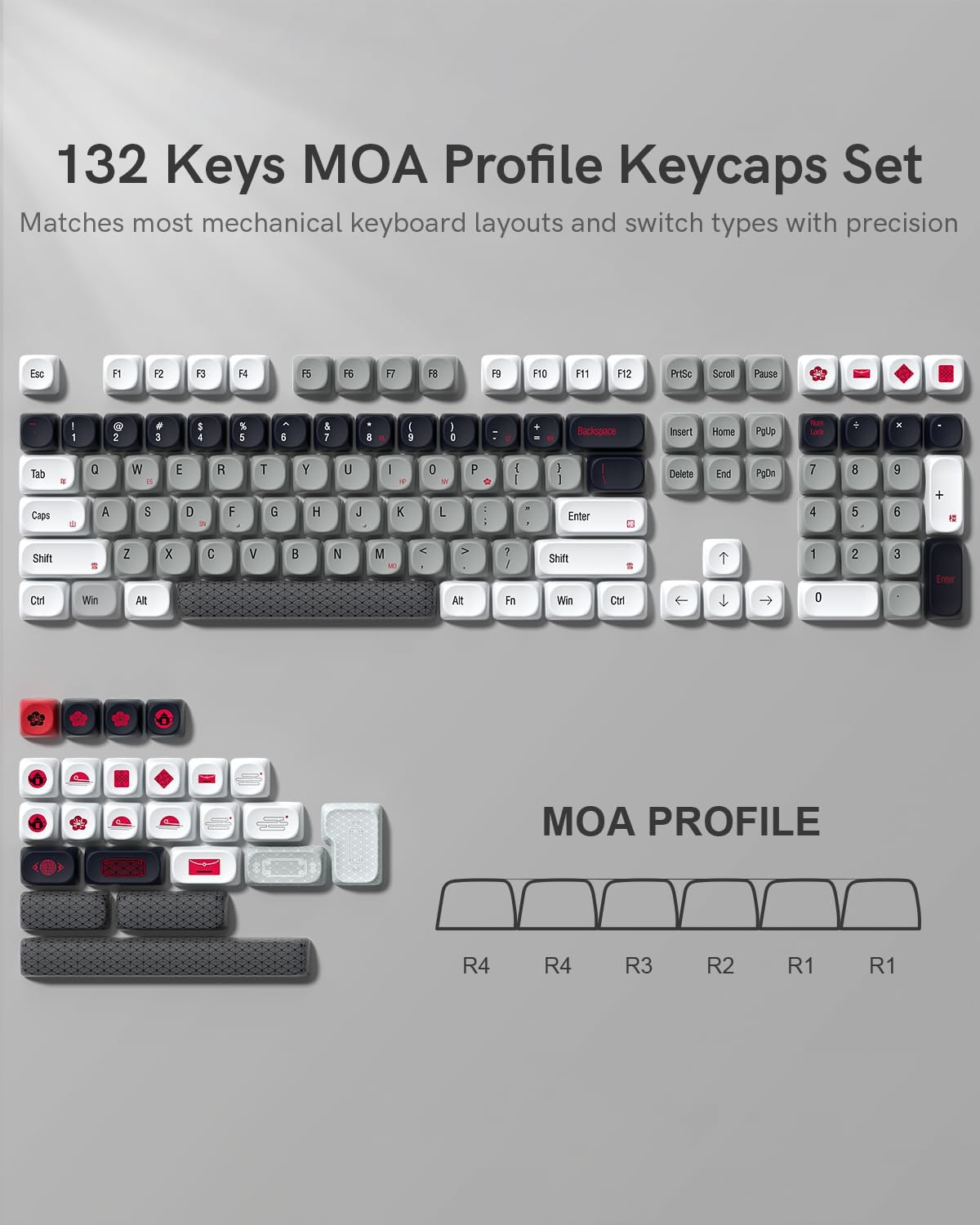 132 Keys MOA Profile Keycaps Set  
Matches most mechanical keyboard layouts and switch types with precision  

MOA PROFILE  
R4 R4 R3 R2 R1 R1