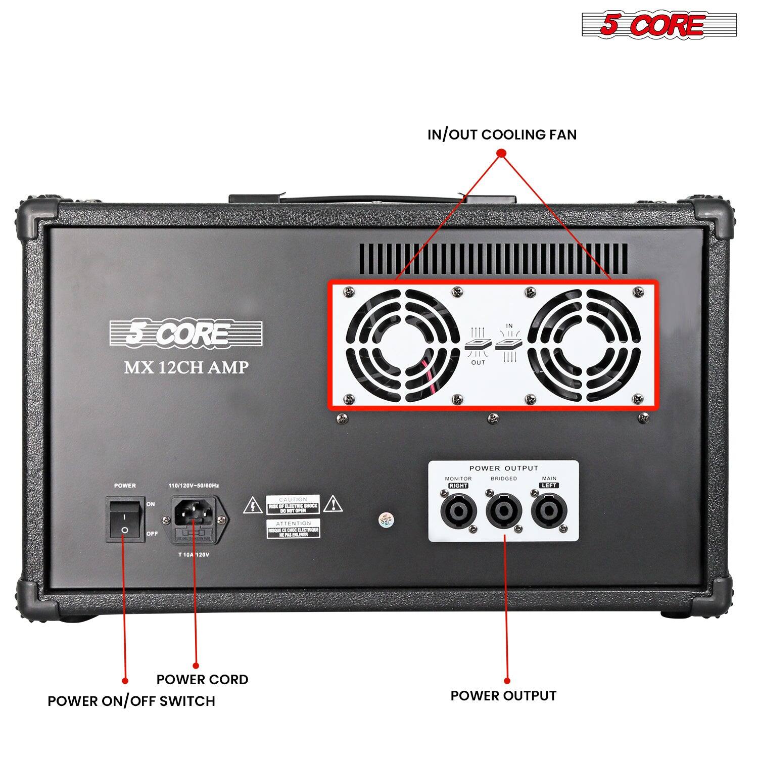 5 CORE  
MX 12CH AMP  

IN/OUT COOLING FAN  

POWER OUTPUT  
MONITOR  
BRIDGED  
MAIN  

POWER ON/OFF SWITCH  

POWER CORD  

POWER OUTPUT  

110/120V-50/60Hz  
T 16A 120V