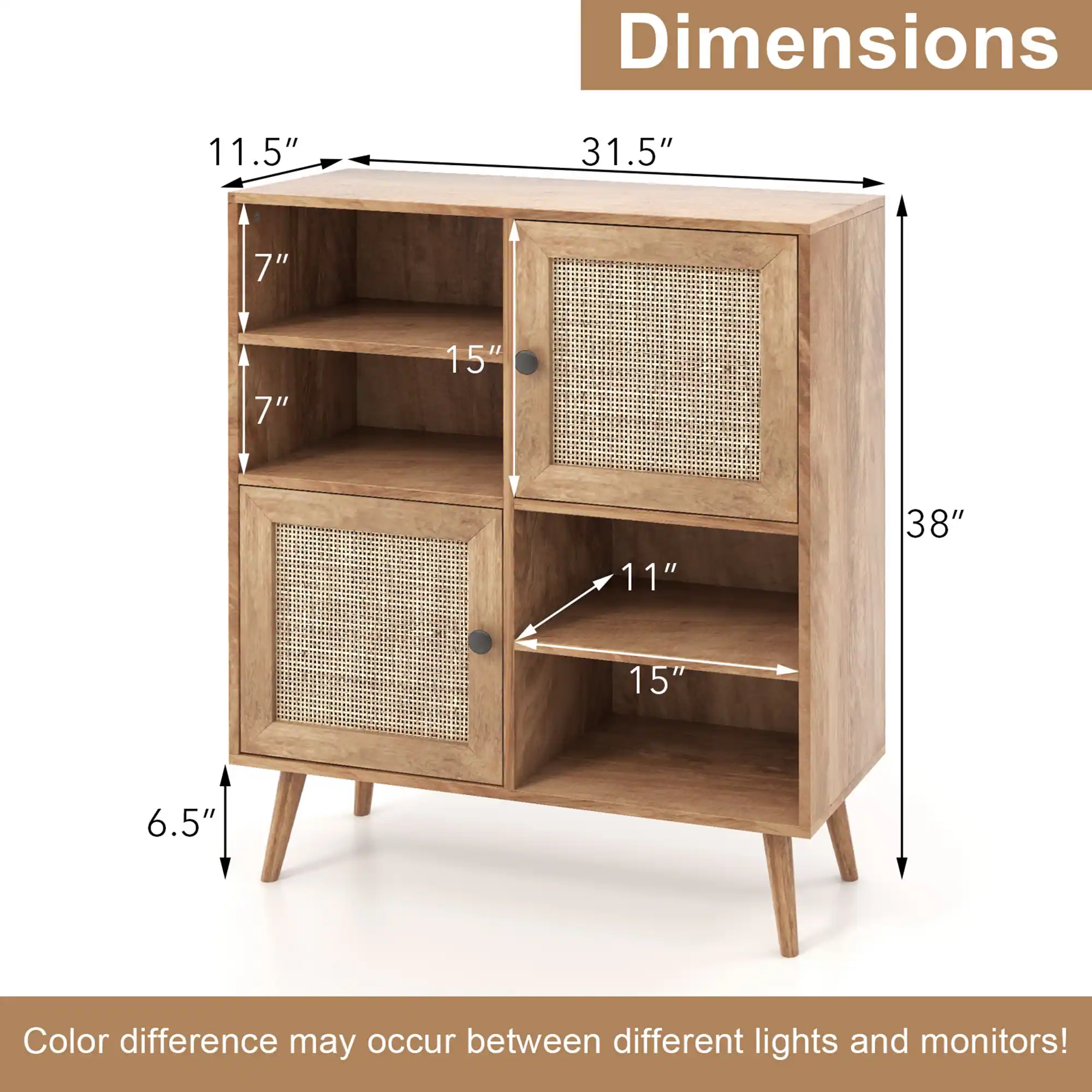 The image features a wooden cabinet with dimensions of 11.5" x 31.5" x 7" x 7" x 15" x 11" x 38" x 15" x 6.5". The cabinet has a shelf and a drawer. The image also includes a color difference warning, stating that color differences may occur between different lights and monitors.