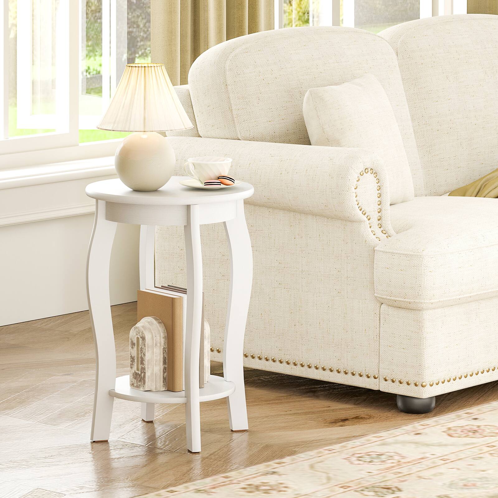 Alt View 1. Gymax - Gymax 2-Tier Round End Table Set of 2 Narrow Sofa Side Nightstand w/ Storage Shelf - White.