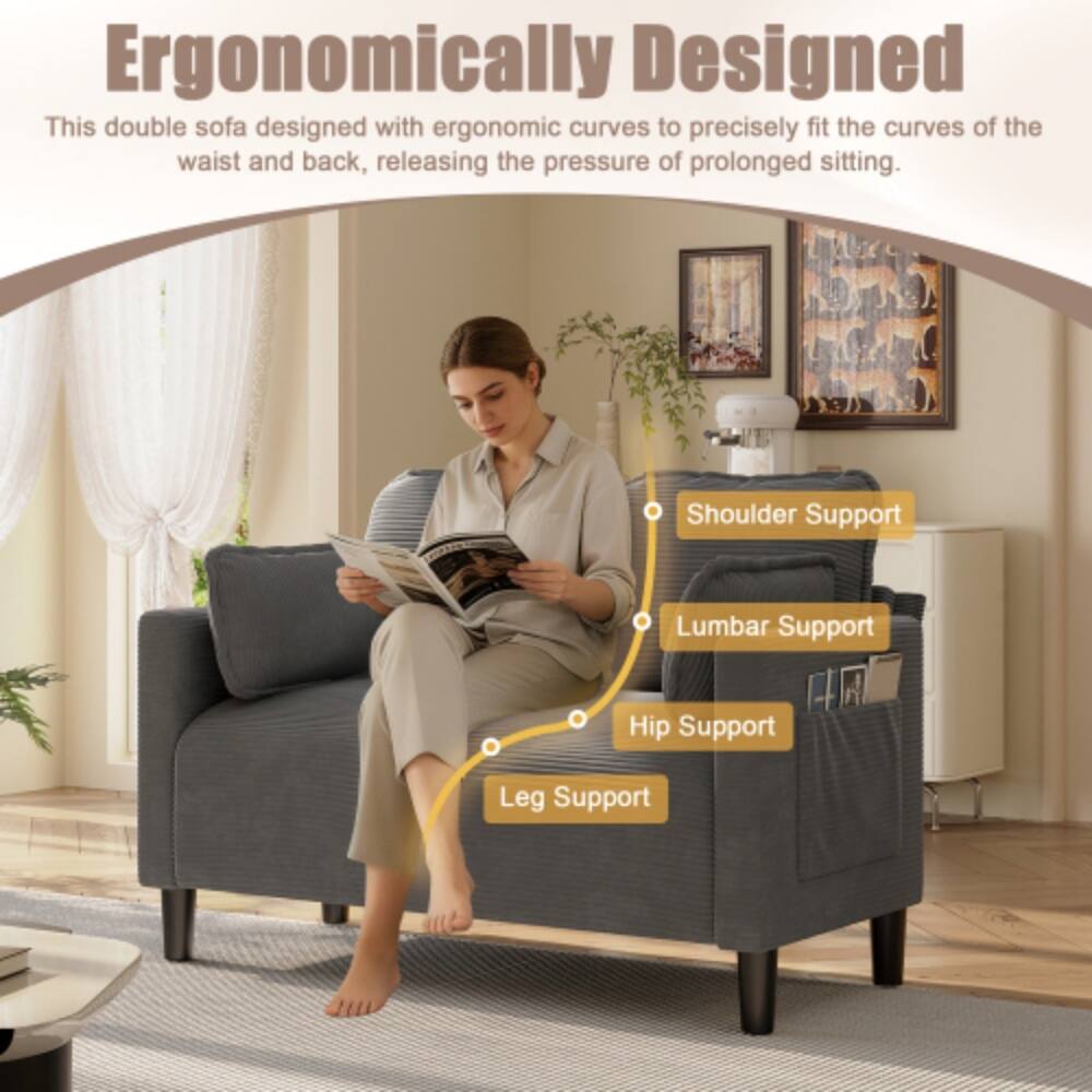 Ergonomically Designed  
This double sofa is designed with ergonomic curves to precisely fit the curves of the waist and back, releasing the pressure of prolonged sitting.  
- Shoulder Support  
- Lumbar Support  
- Hip Support  
- Leg Support
