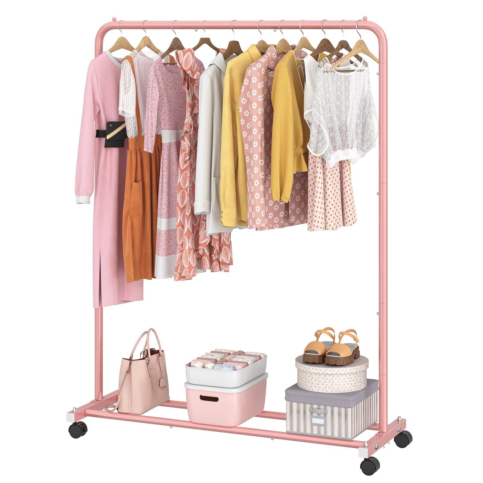 Front. Refined Abode Design - Clothing Clothes Rack Double Rods With Wheels Rolling Metal Garment For Hanging - Pink 14.75"D x 43.5"W x 54.25"H.