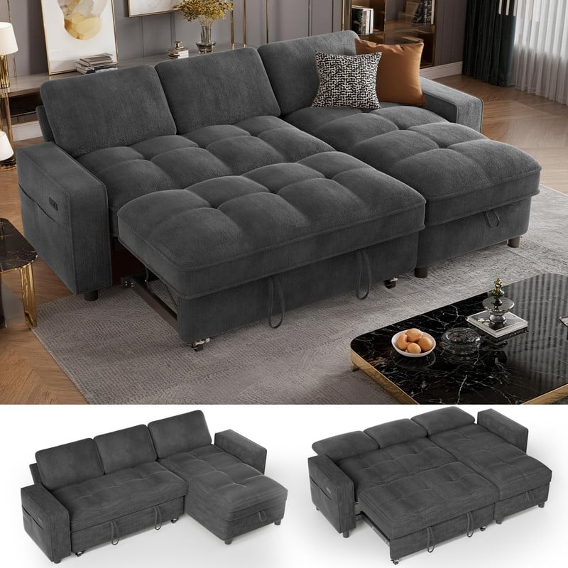 Front. Dyonery - Dyonery 81" L Shaped Couch Sleeper Sofa, Pull Out Couch with Reclining Backrest, Reversible Storage Chaise, USB Ports - Grey.