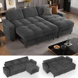 Dyonery - 81" L Shaped Couch Sleeper Sofa, Pull Out Couch with Reclining Backrest, Reversible Storage Chaise, USB Ports - Gray