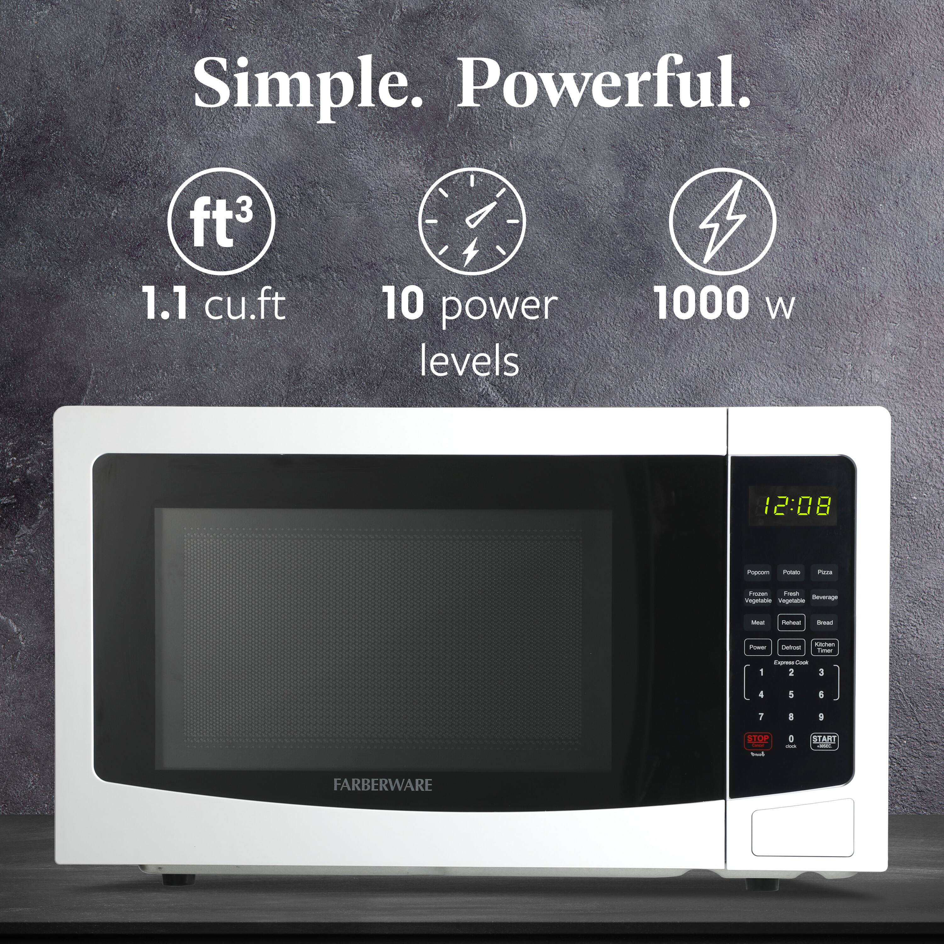 Simple. Powerful.

1.1 cu.ft  
10 power levels  
1000 W

FARBERWARE