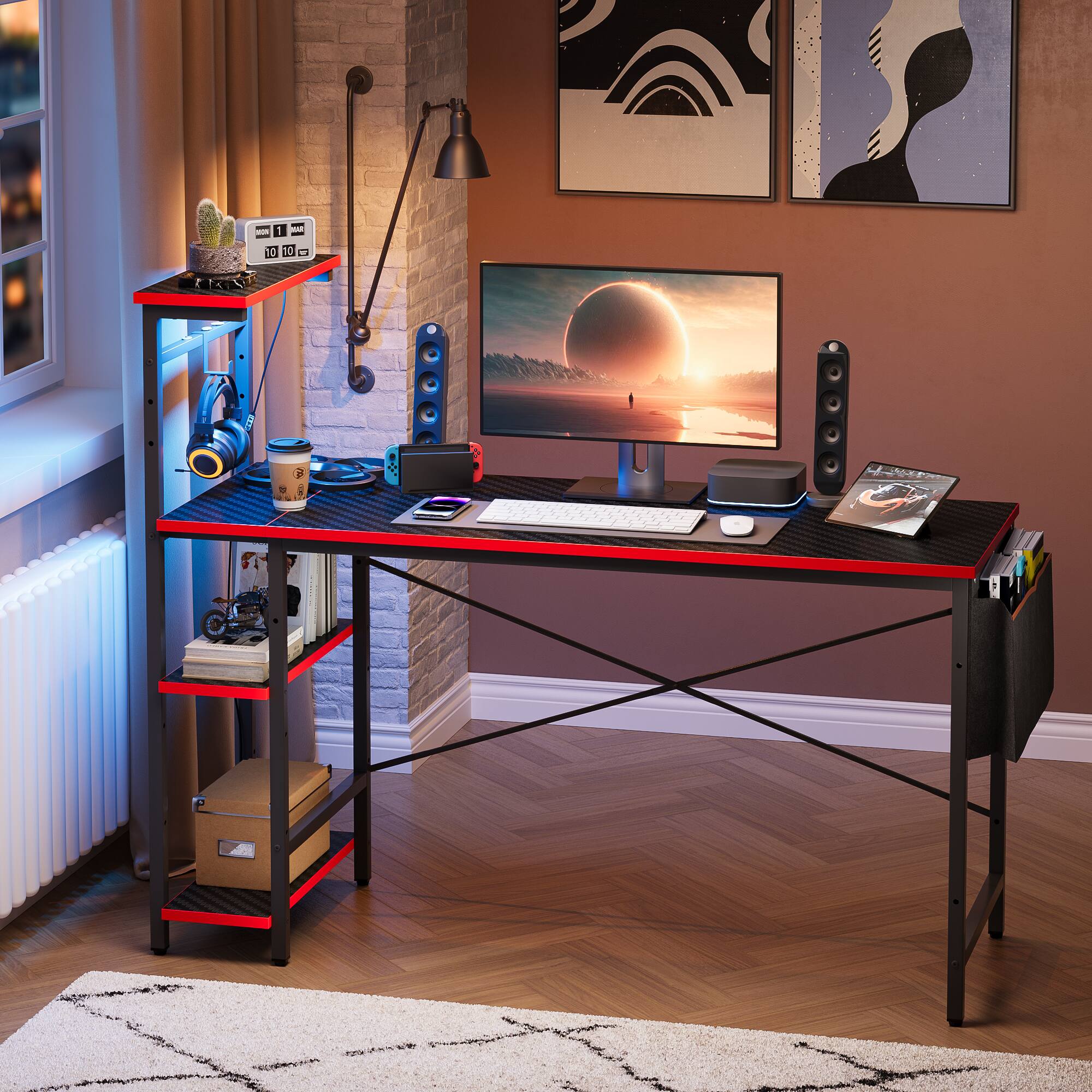 Alt View 2. Bestier - 55inch Gaming Desk with LED Lights Storage Shelves File Pockets & Hooks Spacious RGB Gaming Table - Black & Red.