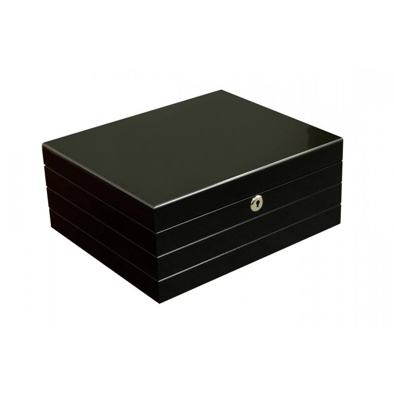 Left. Prestige - Onyx Black Finish Cigar Humidors - Rich Black Lacquer Finish.