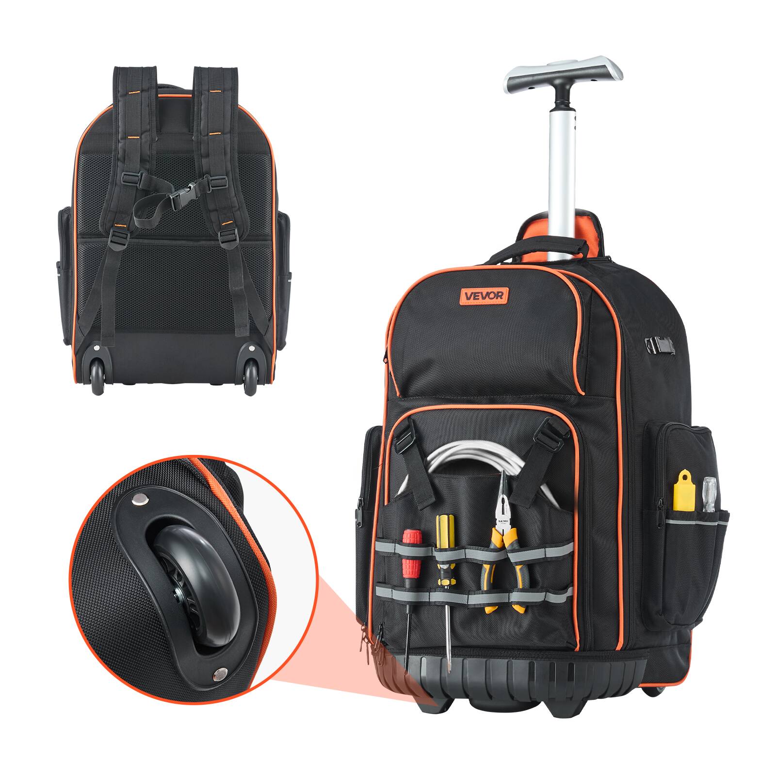 Front. VEVOR - Rolling Tool Backpack, 110 lbs Load Capacity, 72 Pockets Heavy Duty Roller Tool Bag on Wheels - Black-Orange Exterior + Orange Interior.