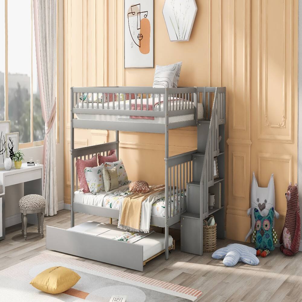 Back. Loheer - Loheer Full Over Full Bunk Bed with Trundle and Stairs Gray - Gray.