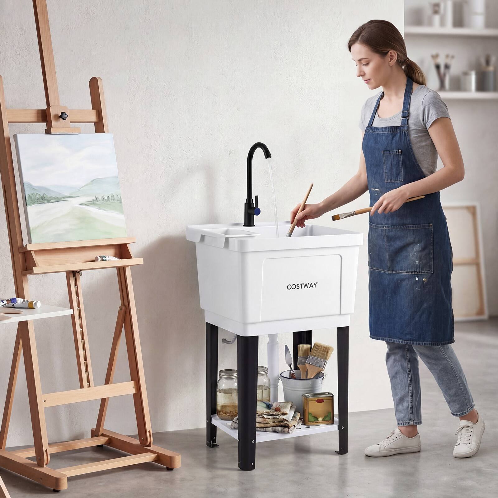 Alt View 3. Costway - Costway 23.2 Gal Utility Sink, Laundry Tub with Rotating Faucet, Storage Shelf, Drip Tray - White + Black.