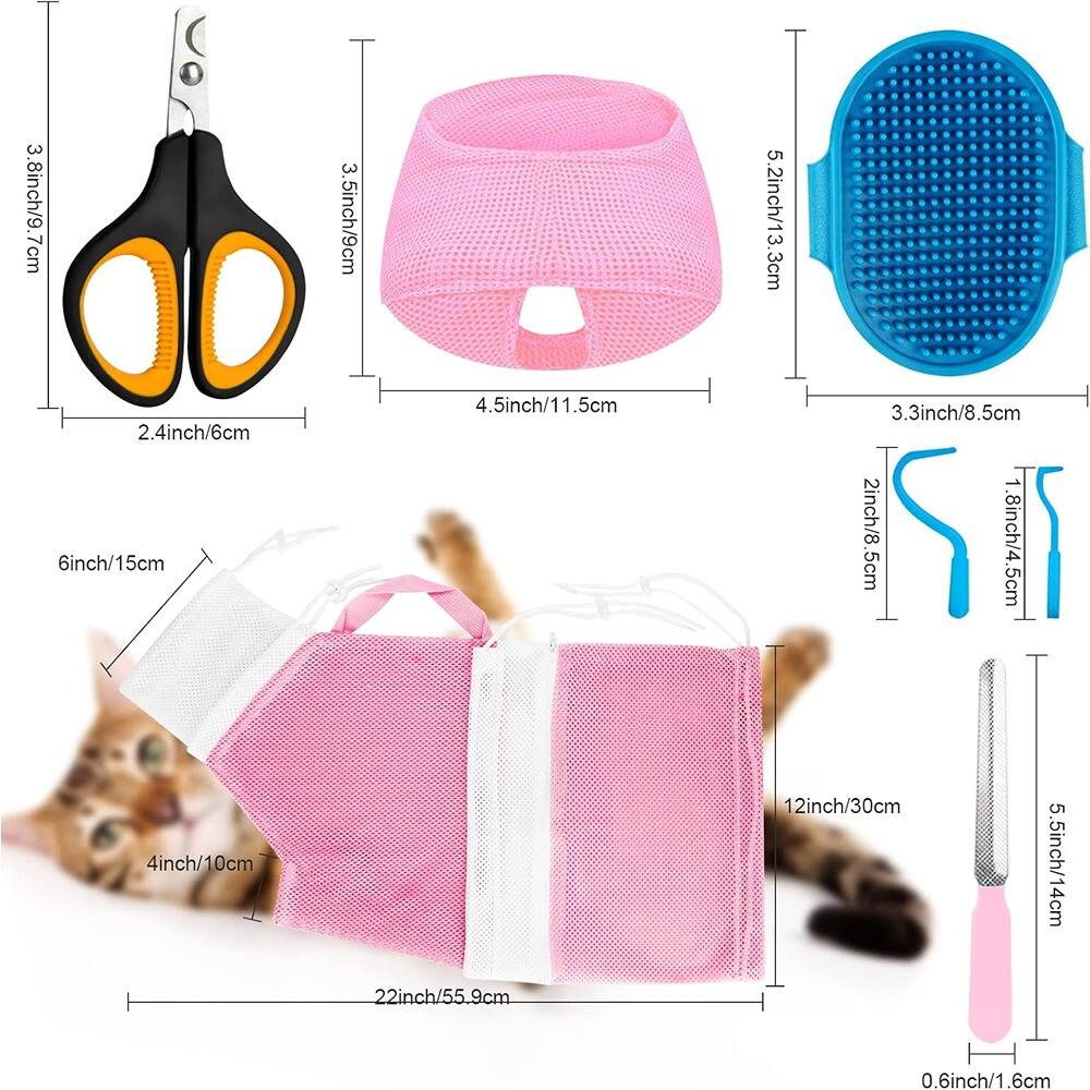 Sure, here is the corrected and grouped text from the image:

- Scissors: 3.8 inch/9.7 cm, 3.5 inch/9 cm, 2.4 inch/6 cm
- Pink mesh bowl: 4.5 inch/11.5 cm
- Blue mesh bowl: 5.2 inch/13.3 cm
- Pink mesh bag: 22 inch/55.9 cm, 12 inch/30 cm, 5.5 inch/14 cm, 4 inch/10 cm, 6 inch/15 cm
- Blue comb: 3.3 inch/8.5 cm
- Pink comb: 2 inch/8.5 cm, 1.8 inch/4.5 cm
- Pink brush: 5.5 inch/14 cm, 0.6 inch/1.6 cm