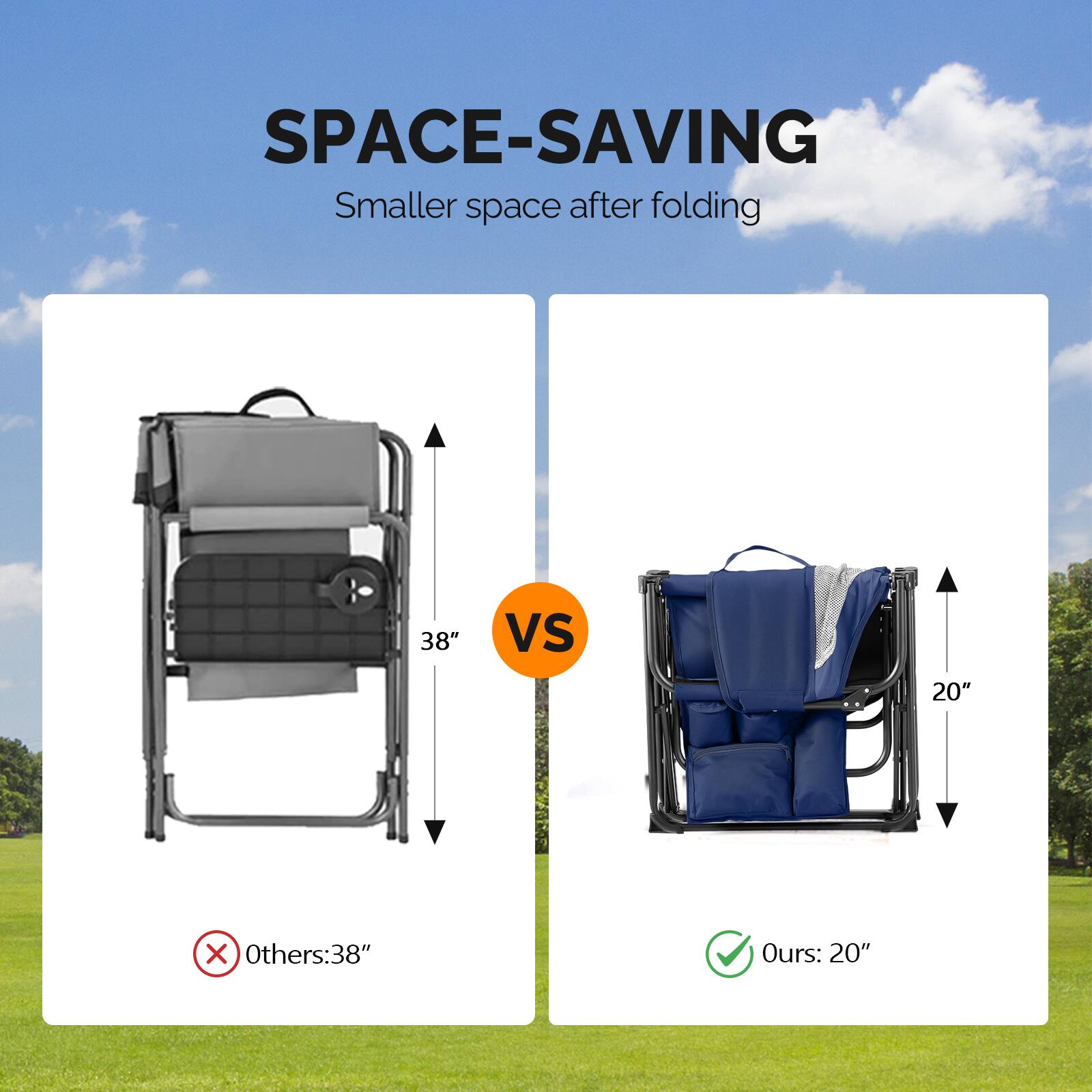 SPACE-SAVING  
Smaller space after folding  
38" VS 20"  
Others: 38"  
Ours: 20"