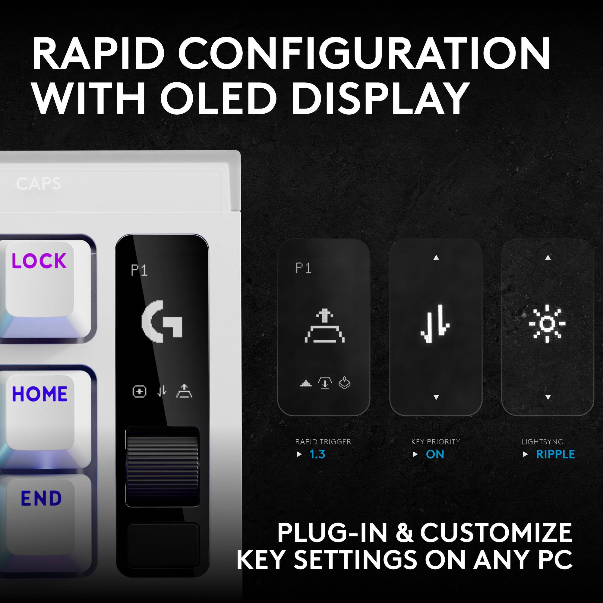 RAPID CONFIGURATION WITH OLED DISPLAY

CAPS
LOCK
P1
P1
HOME
END

RAPID TRIGGER 1.3
KEY PRIORITY ON
LIGHTSYNC RIPPLE

PLUG-IN & CUSTOMIZE KEY SETTINGS ON ANY PC